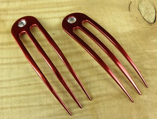 Miniatura 5 de JWL (2) Tenedores de pelo de aluminio anodizado de 3 puntas, 4.9 pulgadas, curvado, irrompible, impermeable, con FPL de 4 pulgadas (rojo)