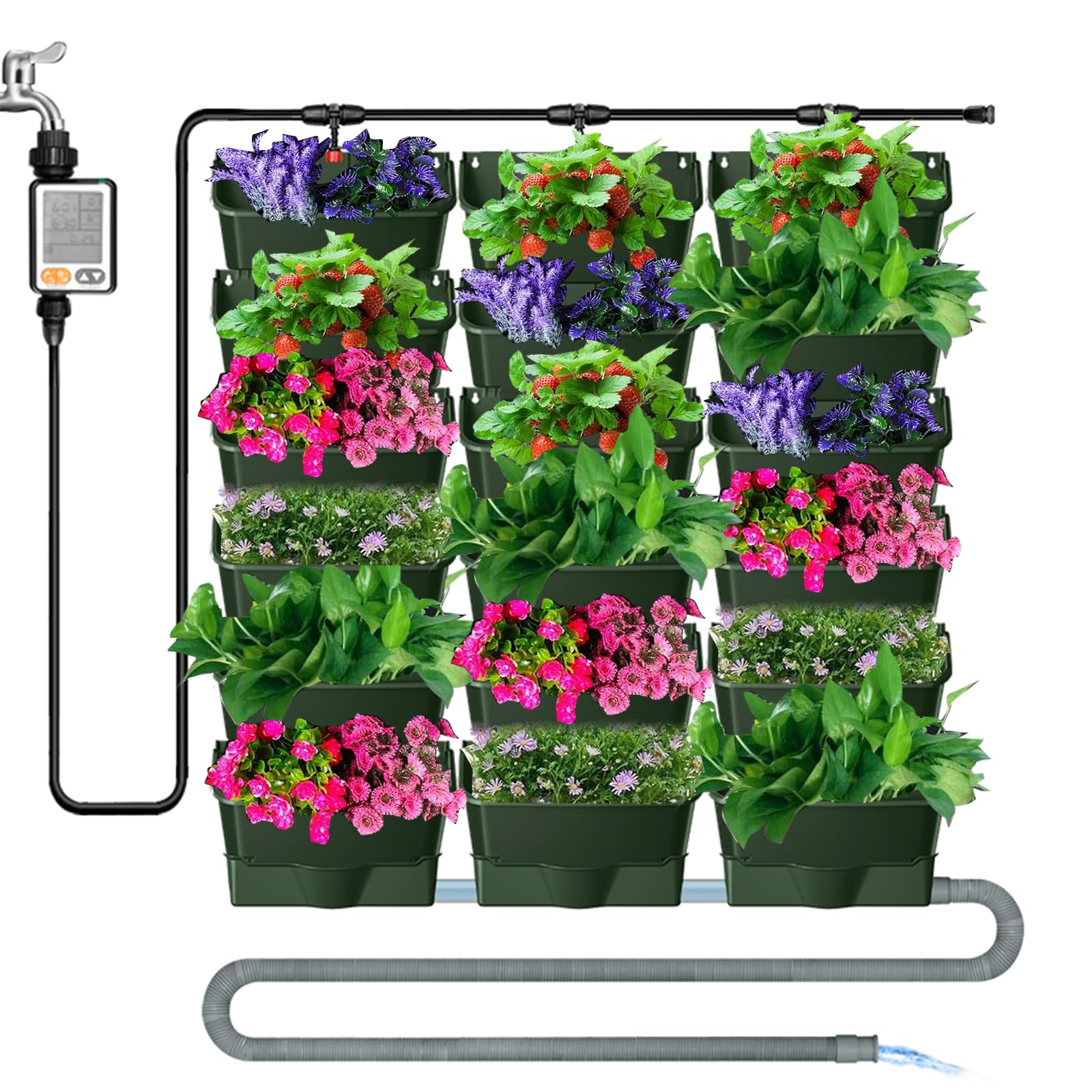 18-TLG Hängende Vertikaler Garten mit Automatisches Gartenbewässerungssystem und Entwässerungsloch, Blumentopf zur Wandmontage, Pflanzenwand Wandgarten zur Begrünung, Wandbepflanzung, Garten Balkon