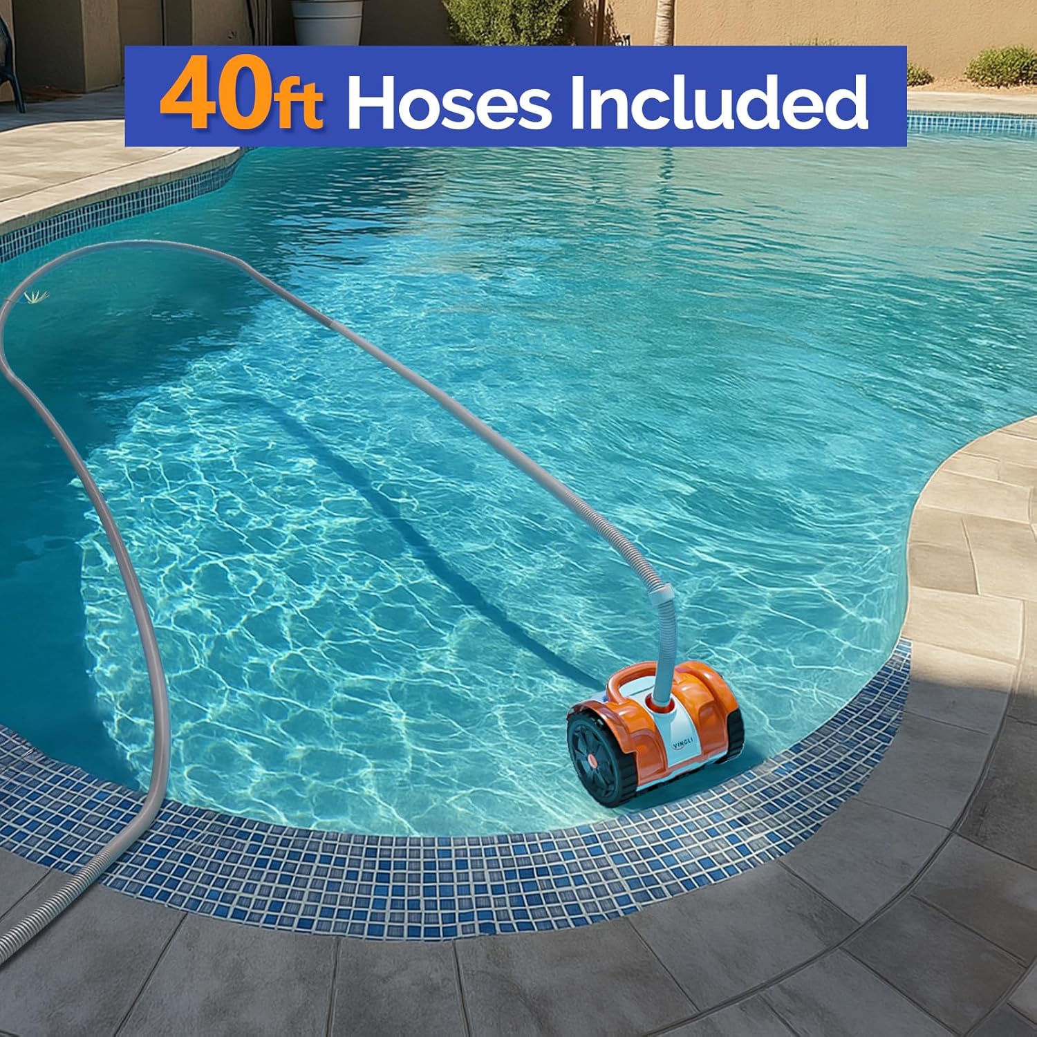 Image showing the VINGLI pool cleaner connected to a long hose, submerged in a swimming pool.