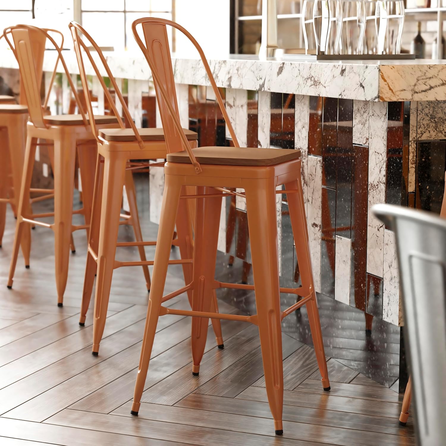 BizChair Commercial 30 High Indoor-Outdoor Bar Height Stool - Orange Galvanized Steel Frame - Teak Square All-Weather Poly Resin Seat - Removable Back