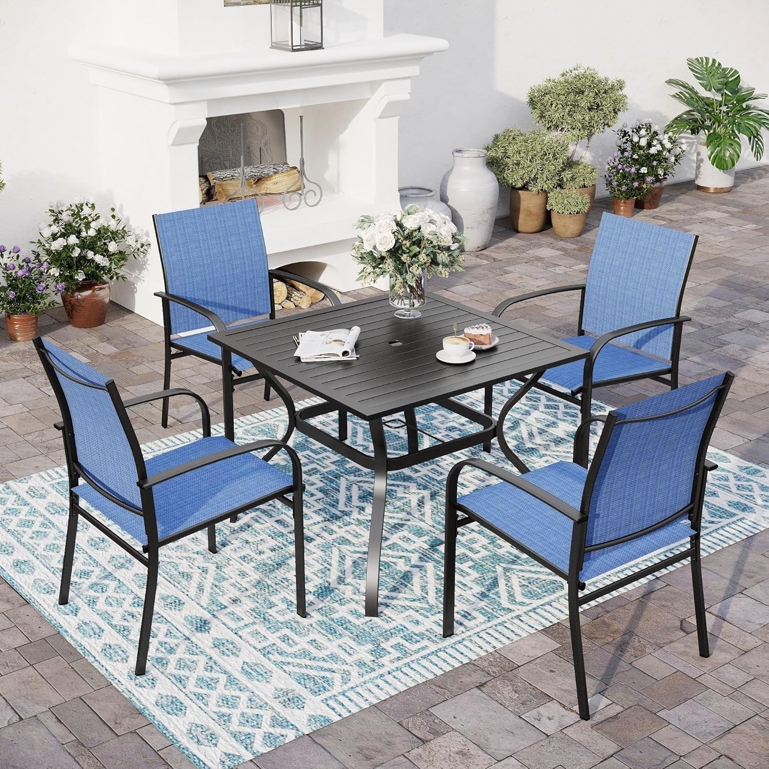 SUNSHINE VALLEY 5 Piece Patio Dining Set for 4, 37”x37” Square Table with Umbrella Hole and 4 Metal Chairs, Outdoor Table and Chairs Set for Lawn Backyard and Deck, Blue