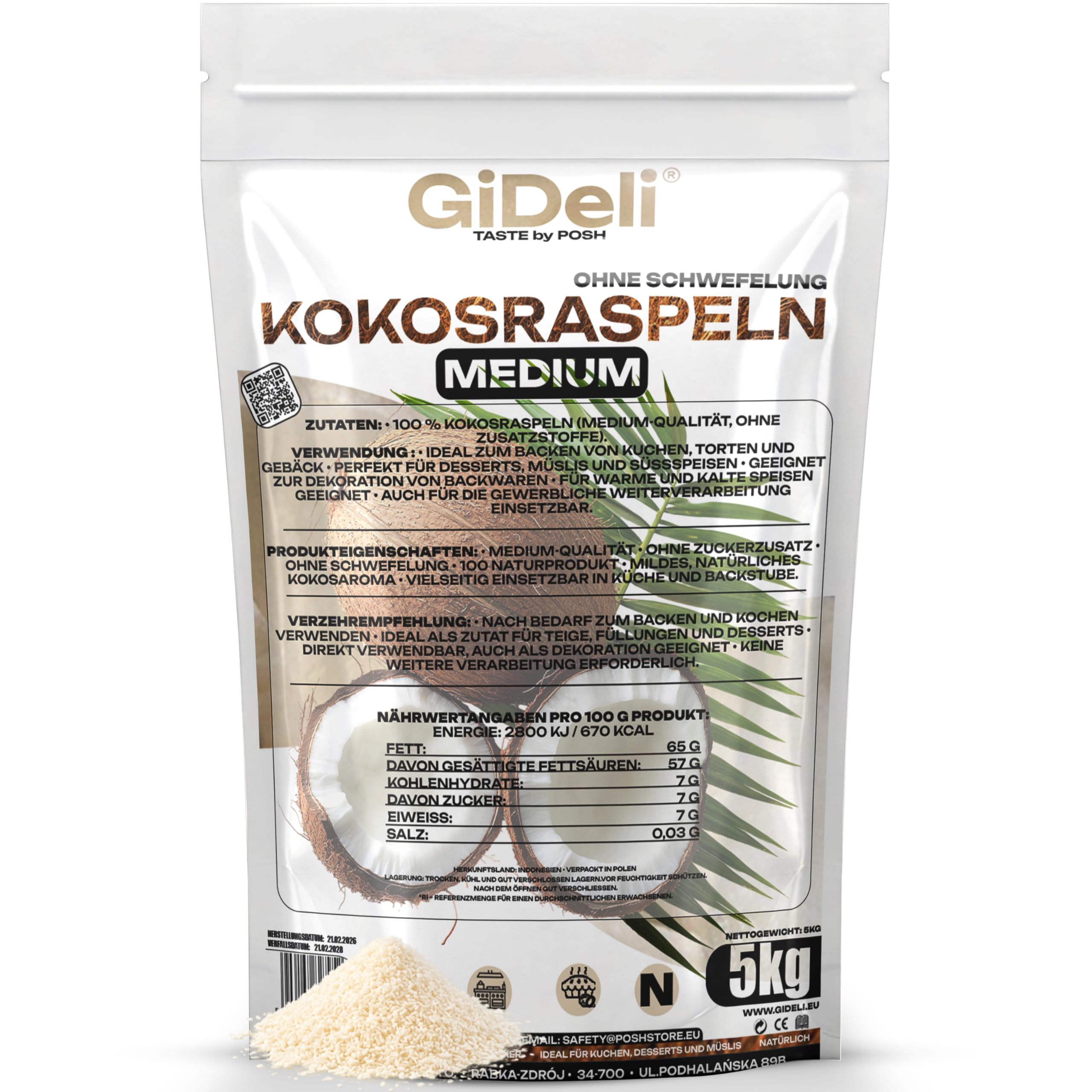 GiDeli Kokosraspeln 5kg - Eine Quelle für Gesunde Fette und Ballaststoffe - Für Veganer und Personen mit Keto-Diät - Natürliche für Vielseitige Verwendung