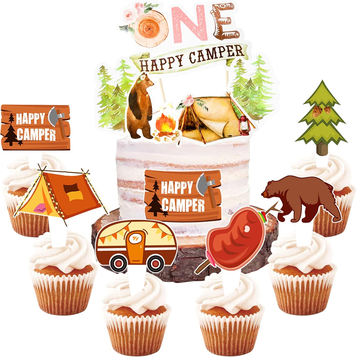 LaVenty 25 PCS One Happy Camper Cake Topper Camping Party
