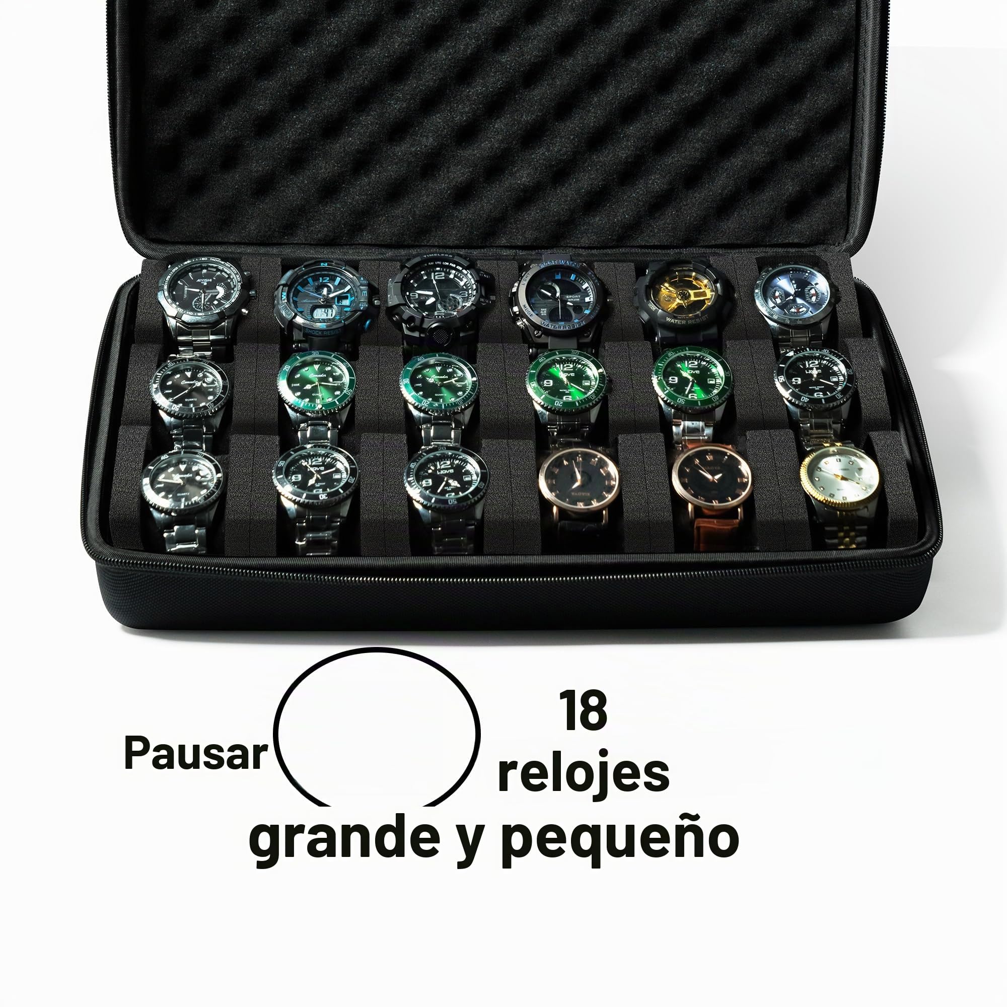Maletín rígido de viaje y almacenamiento, caja de almacenamiento para relojes para presentación y organización (18 compartimentos acolchados)