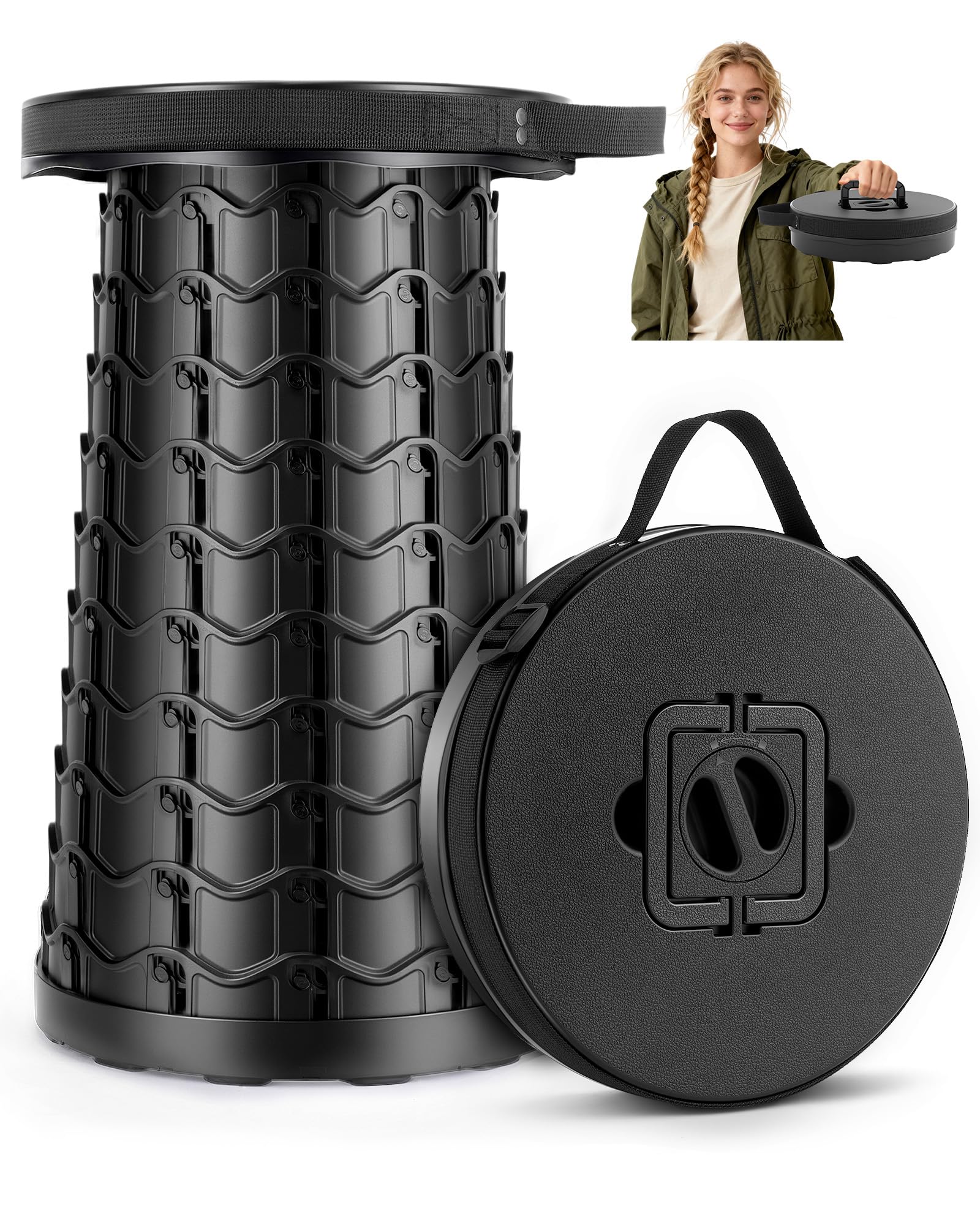 Collapsible Stool for Adults Adjustable Height - Portable Retractable Folding Camping Stool, Extra Tall and Wide Folding Chair, Heavy Duty Outdoor