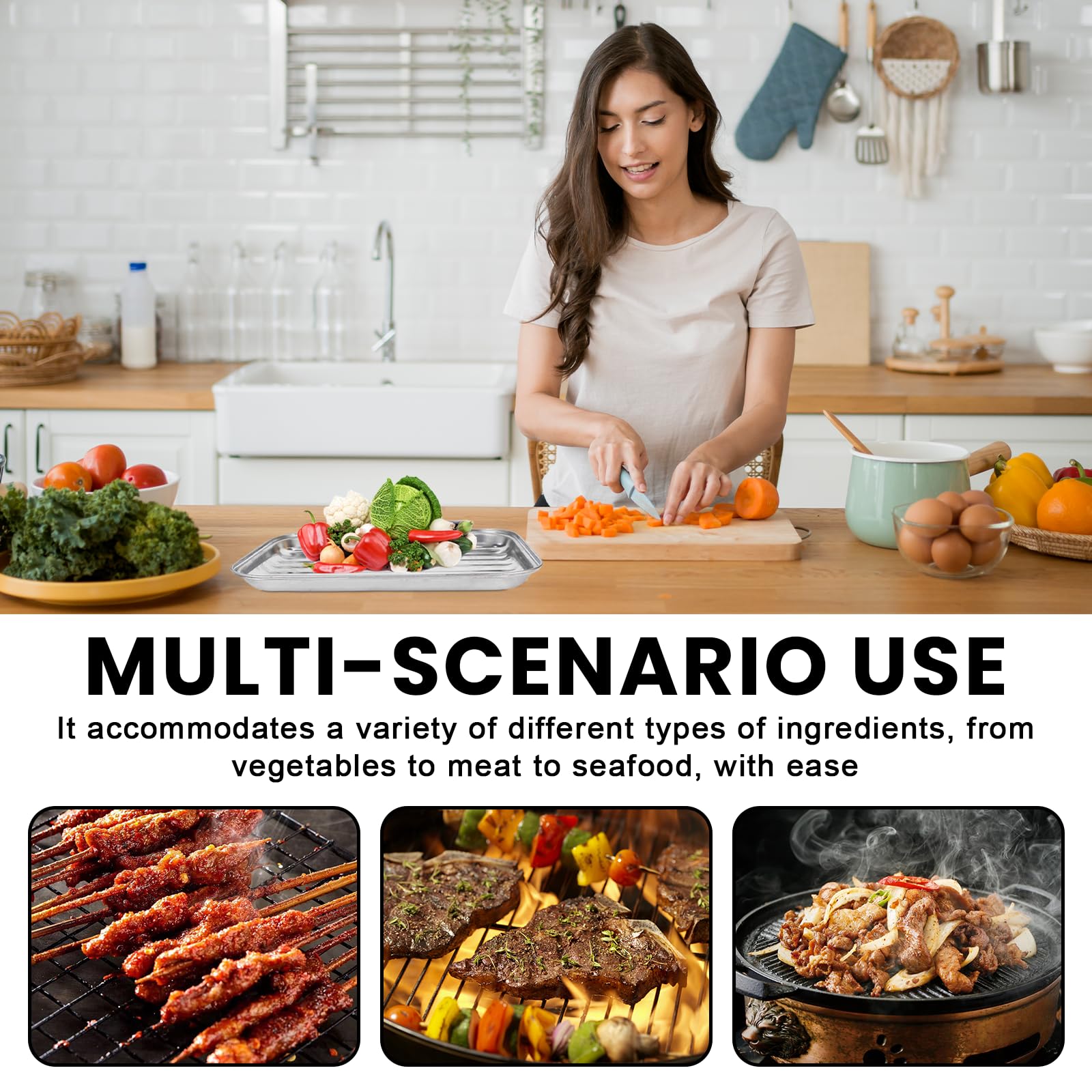 Sporgo Juego de 2 cuencos para barbacoa, acero inoxidable, 34 x 24 cm, reutilizables, con cepillo, accesorios para barbacoa, verduras, pescado, carne, cestas para barbacoa, apto para todas las