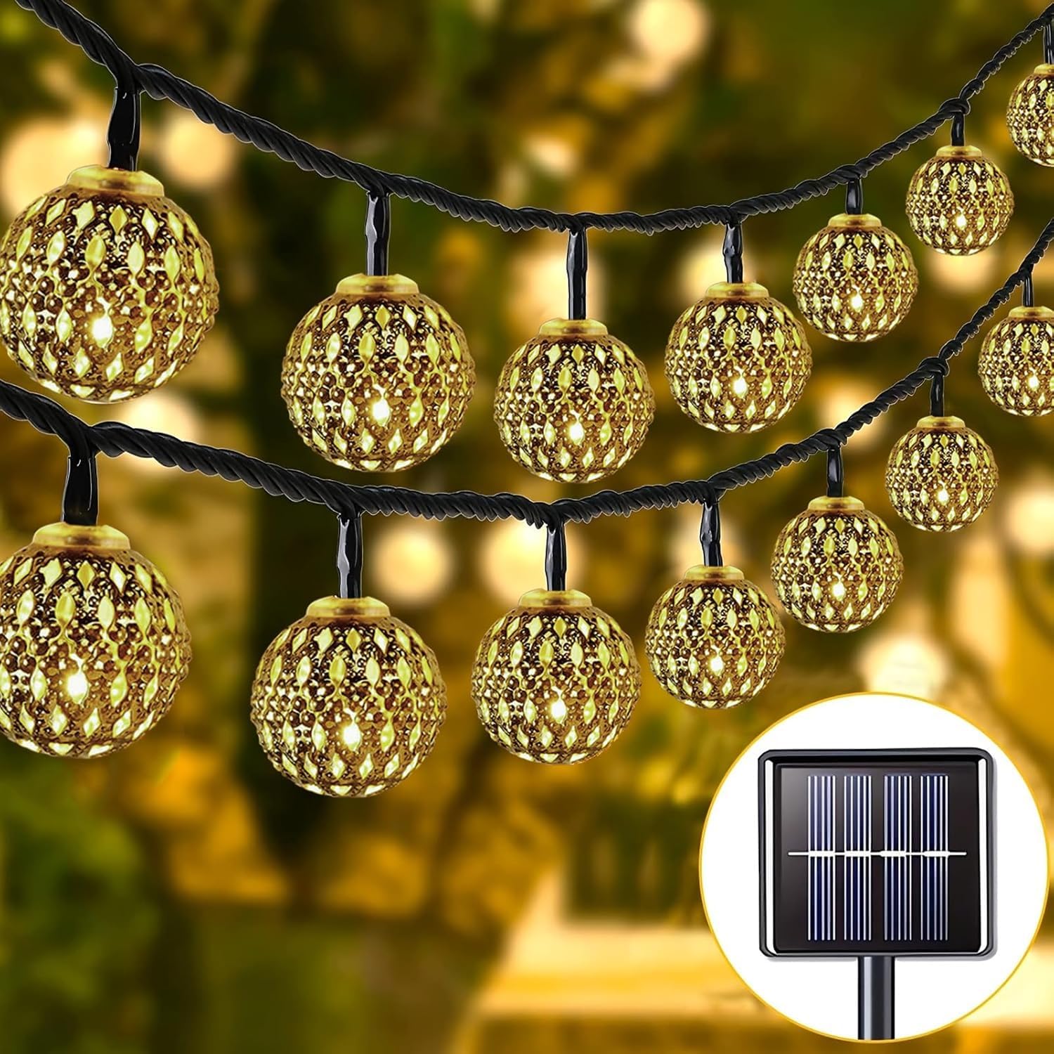 Weiongppy Marokkanischen Orb Schnurlichter,8 Modi Solar Lichterkette Aussen,IP65 Wasserdicht Silber Kugel Lichterkette Solarlampen, String Lights für Garten,Balkon,Terrasse,Bäume,Weihnachten- 7M 50LED