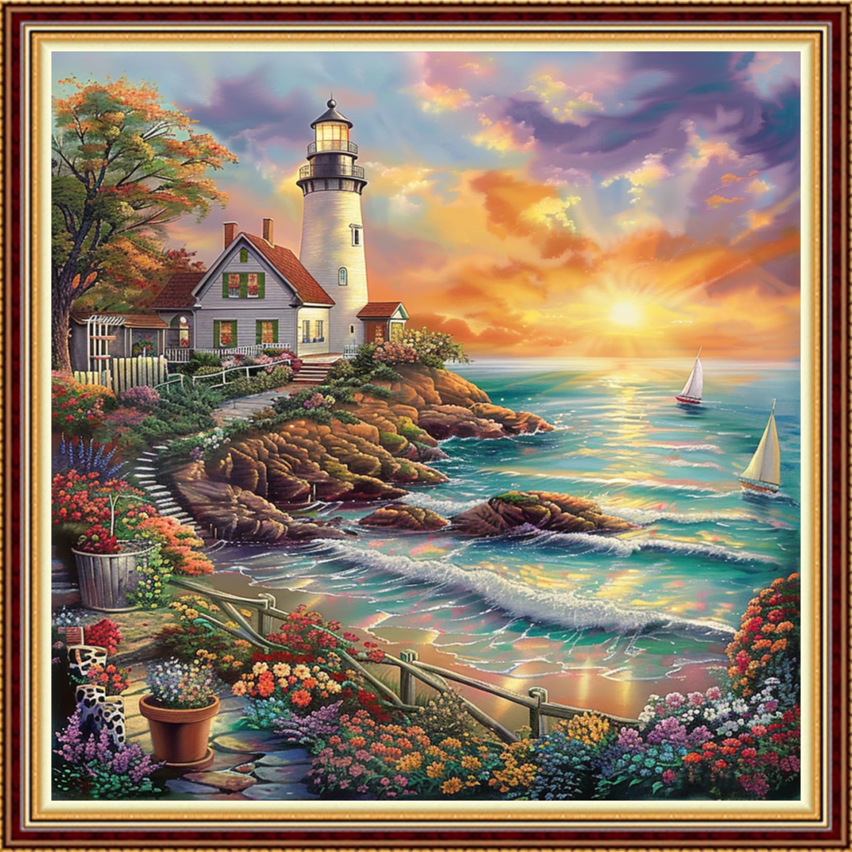 Fanxvivy Stamped Counted Cross Stitch Kits for Adults Printed Cross-Stitch Patterns 11CT Stamped or Counted Cross Stitching Embroidery Kit Needlepoint Kits-Seaside Lighthouse 18x18 inch