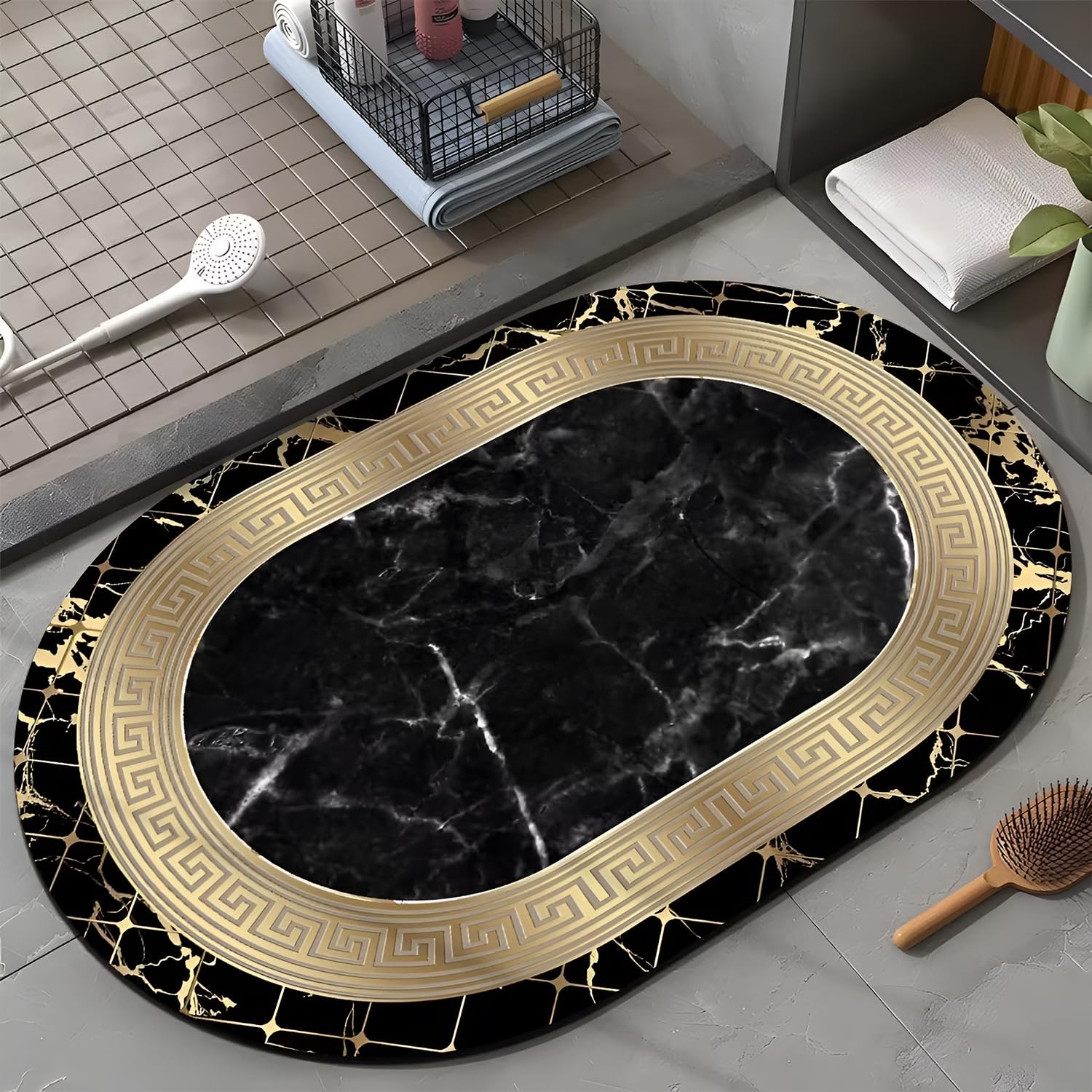 SYGA Non-Slip Black Marble with Golden Greek Border Design Polyester Oval Bathroom & Door Mat – Quick-Dry, Absorbent & Anti-Slip, 45x75 cm-image-19