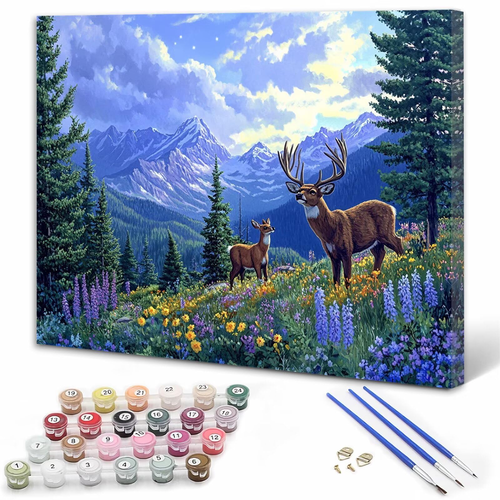 Landschaft Malen Nach Zahlen Erwachsene, Malen Nach Zahlen Set mit Pinseln und Acrylfarbe, Einfaches DIY Ölgemälde Paint by Numbers Adult Anfänger für Wanddekoration Geschenk, Hirsch 60x90 cm Y3-150