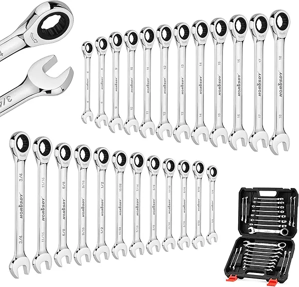 HORUSDY 24-Piece Ratcheting Wrench Set | Metric and SAE | Ratchet Combination Wrenches Set with Organizer | 72-Tooth | Chrome Vanadium Steel | 6-18 mm & 1/4” to 3/4“ (24-Piece)