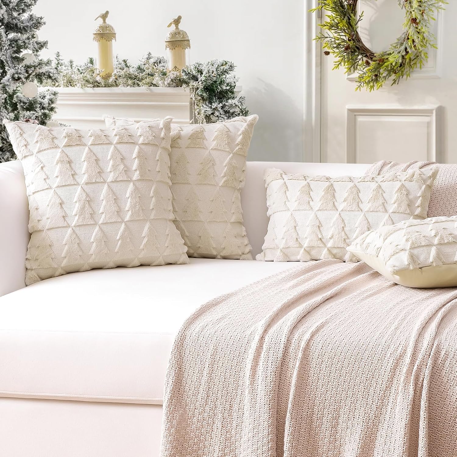 OTOSTAR Set of 2 Soft Plush Short Wool Velvet Decorative Throw Pillow Covers Square Luxury Style Cushion Case Pillow Shell for Sofa Bedroom Christmas Tree Cream Beige, 16x16 Inch - Image 7