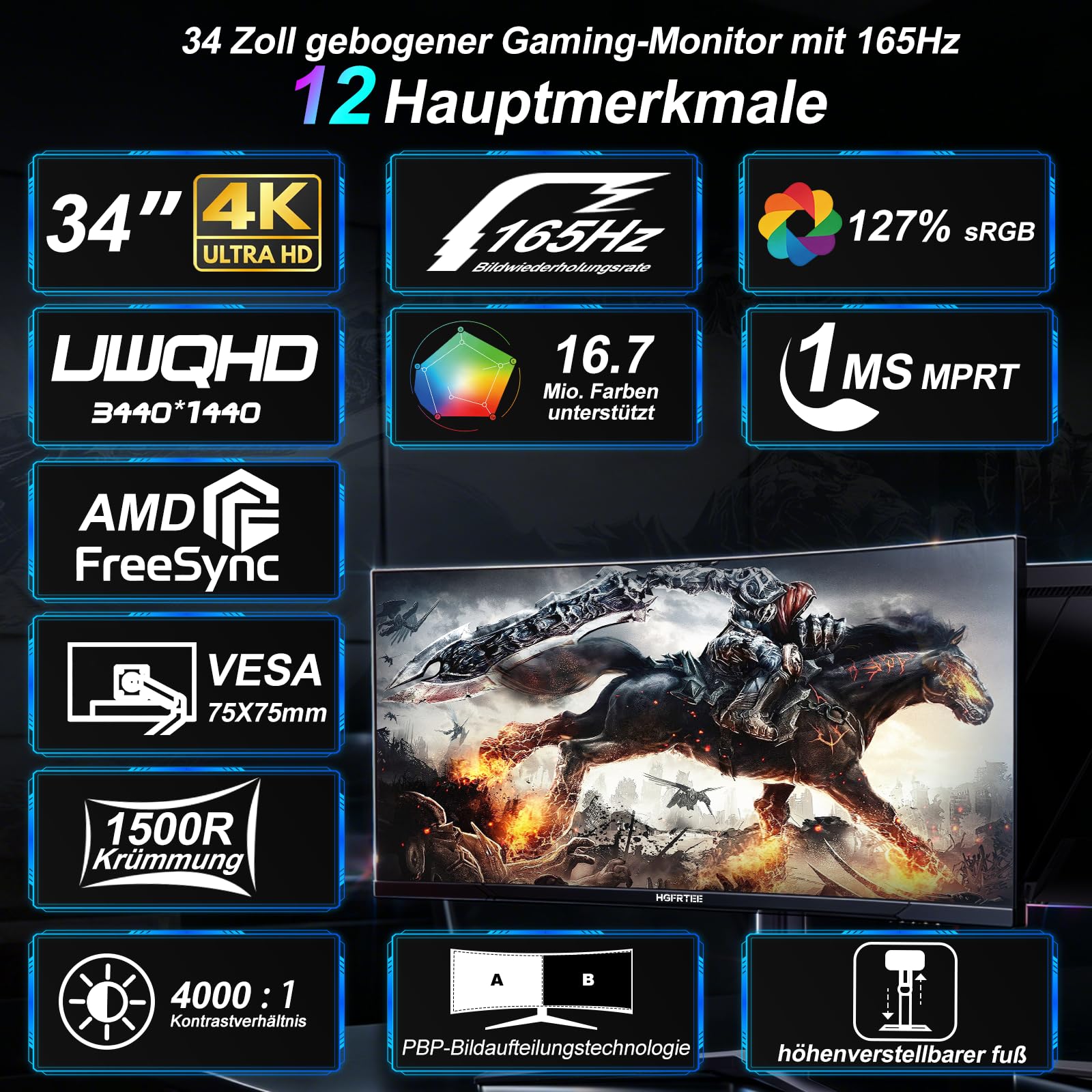 34 Zoll Curved Monitor UWQHD (3440x1440) | Panel, 165HZ, 1500R Krümmung | Ultrawide Desktop Display