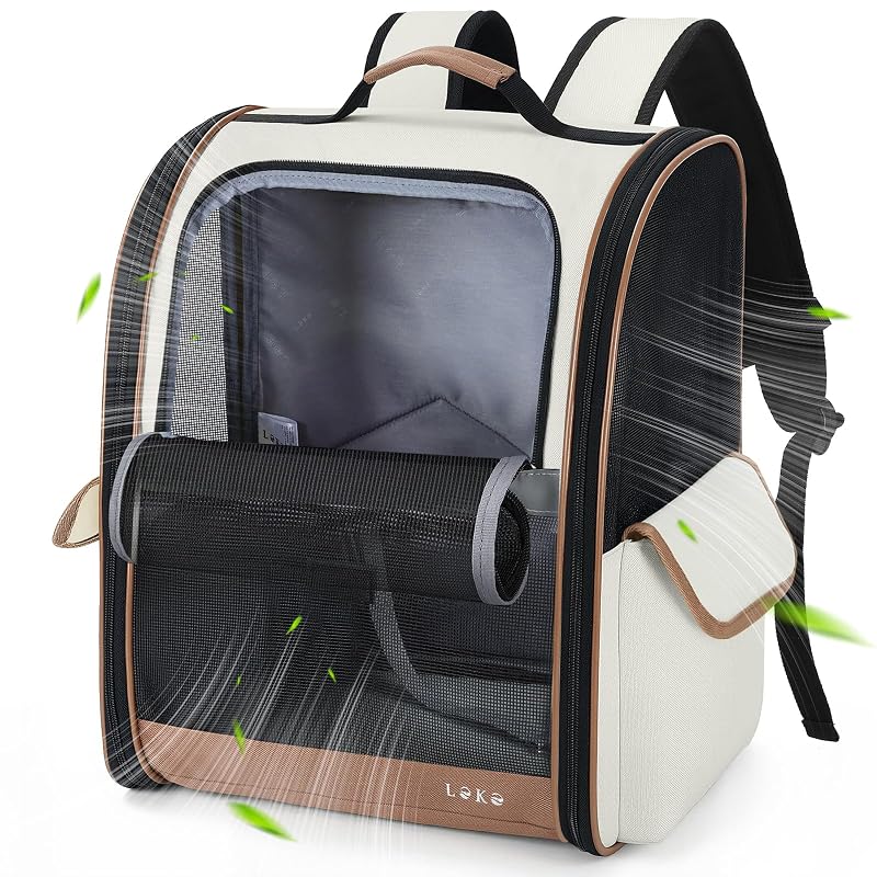 Mochila de transporte para cães e gatos com tela respirável Lekereise Bege, até 8,2 kg