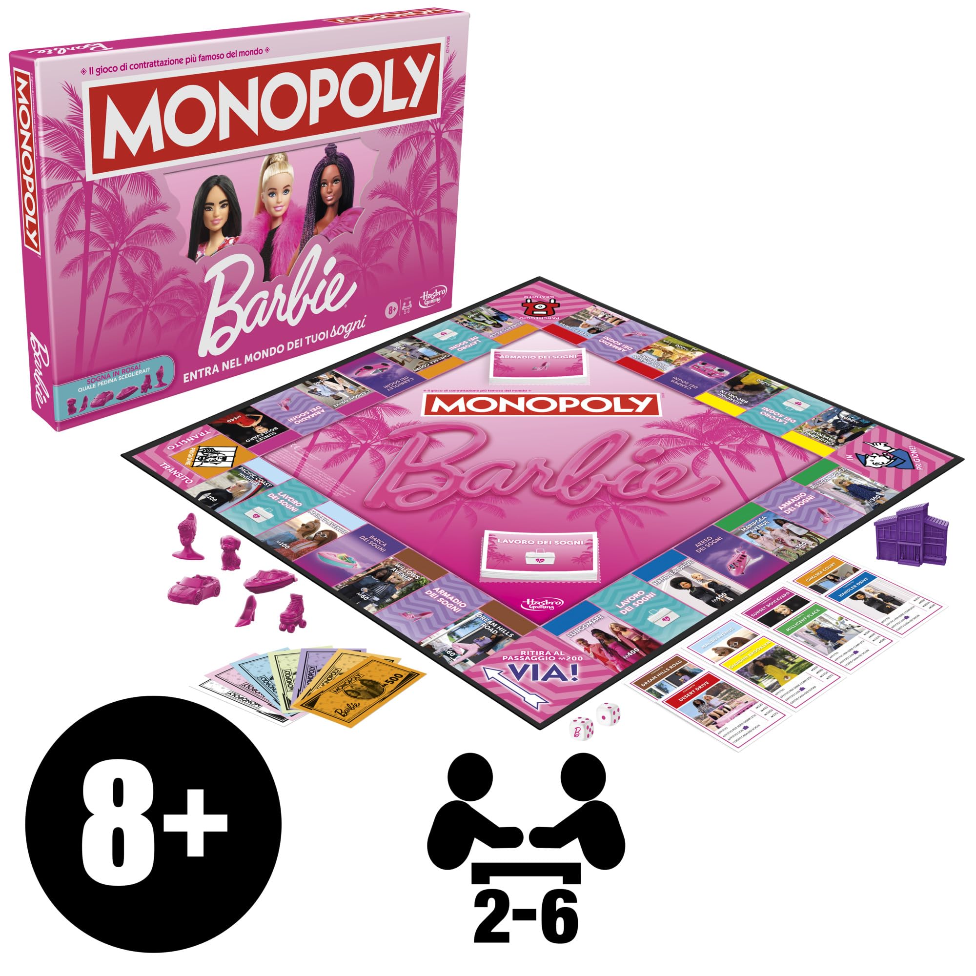 Monopoly: Barbie Edition, gioco da tavolo famiglie, per 2-6 giocatori, dagli 8 anni in su