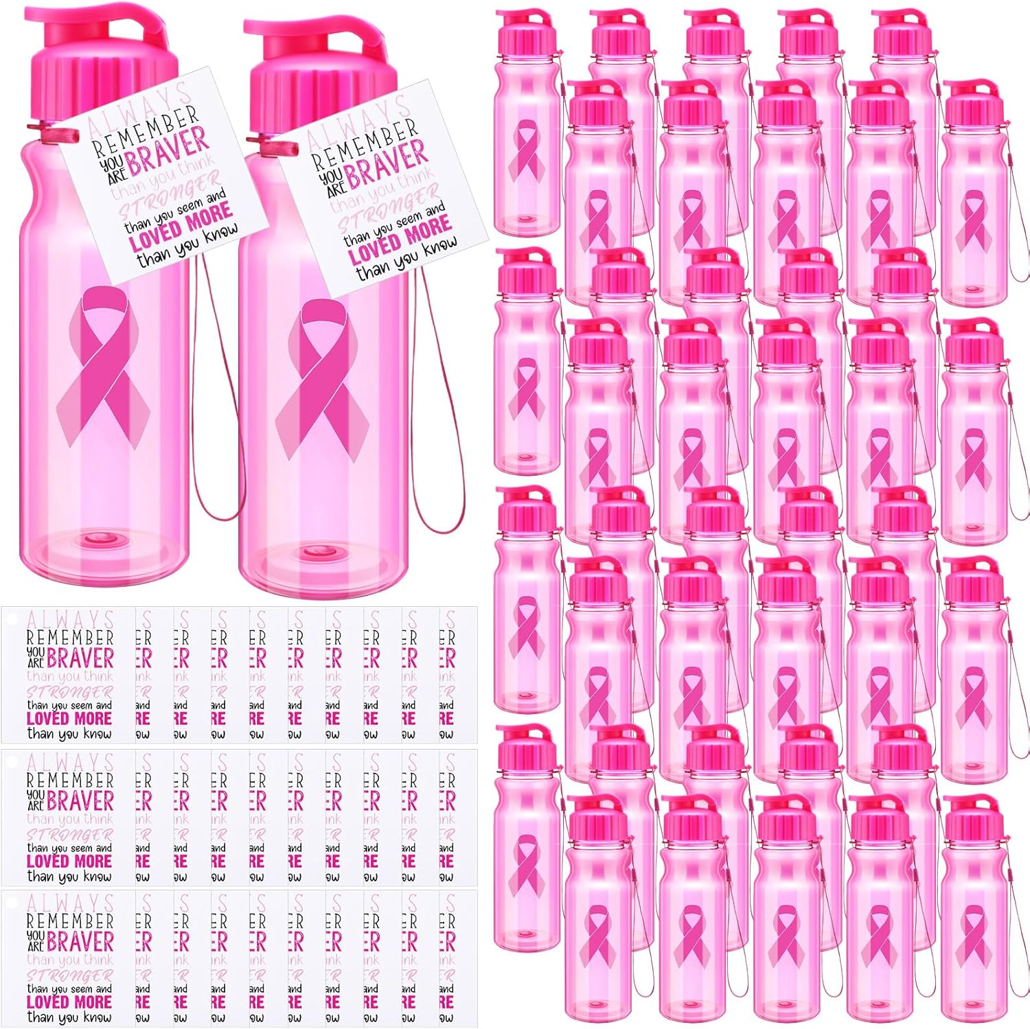 LemonRoad 40 Pcs Breast Cancer Awareness Gifts Breast Cancer Awareness Water Bottles Bulk 17oz Plastic Water Bottles Pink Ribbon and Inspirational Cards and Ribbon for Woman Accessories Sport Event