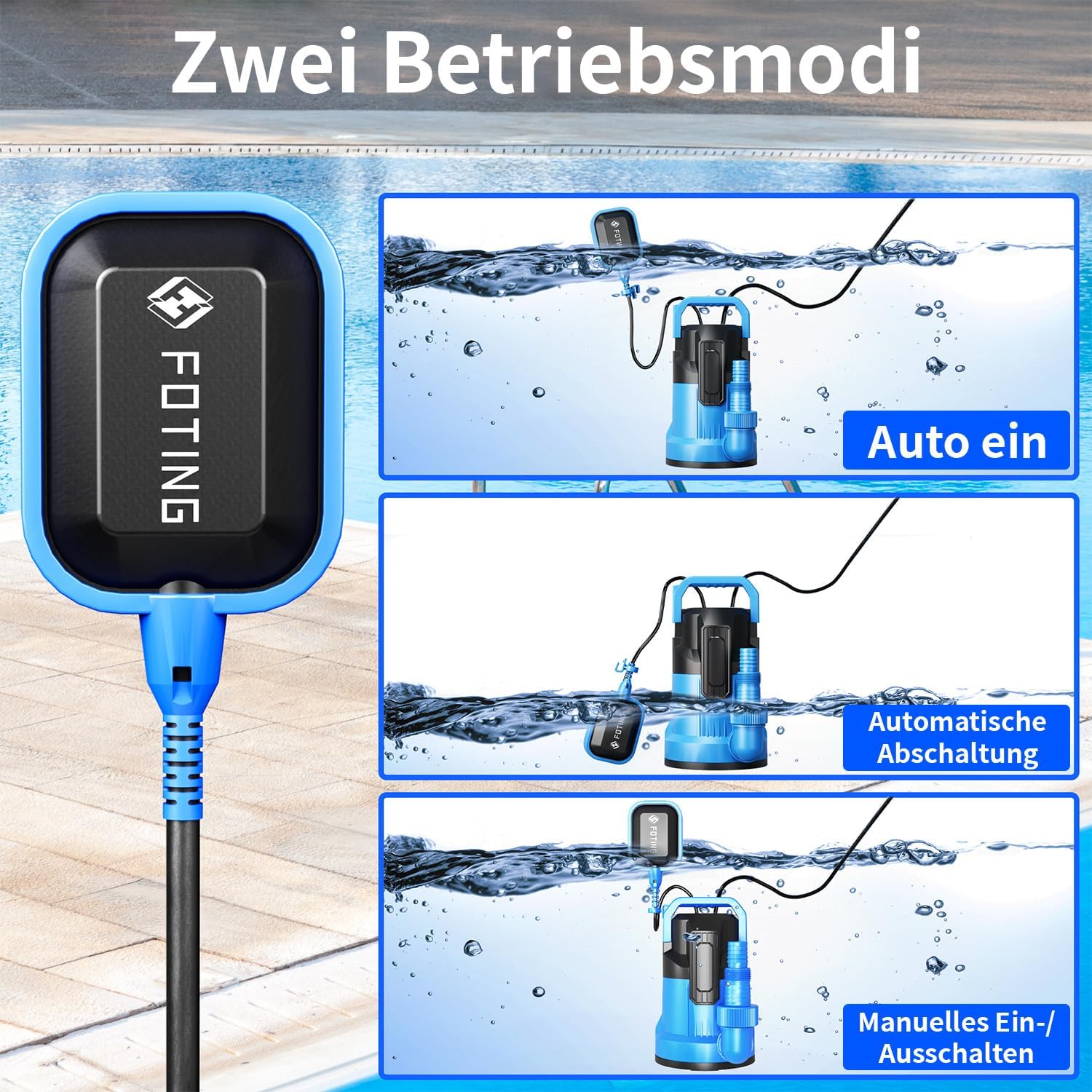 FOTING Flachabsaugpumpe 550 W, 17.000 l/h, Förderhöhe bis 9 m, Eintauchtiefe bis 7 m, flachabsaugend bis 1 mm, für Pool, Keller und Entwässerung