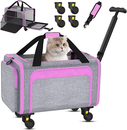 Miniatura 8 de Transportador de mascotas 3 en 1 con ruedas, 18 x 11 x 11 pulgadas, aprobado por la TSA, transportador de gatos con ruedas para gatos pequeños