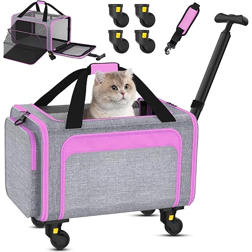 Rolling Pet Carrier with Detachable Wheels - 18x11x11 TSA Airline Approved for Southwest Delta United American, Soft Sided Expandable Travel Bag for Small Dogs & Cats up to 15Lbs, Fits Under Seat