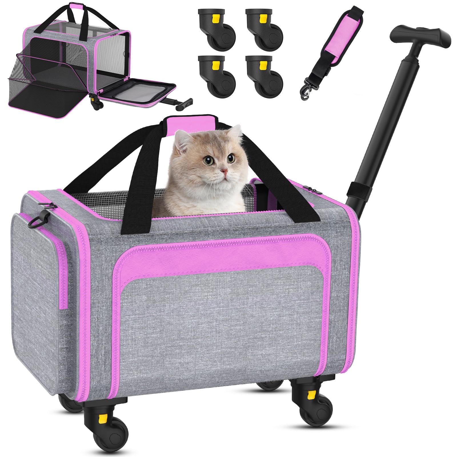 Rolling Pet Carrier with Detachable Wheels - 18x11x11 TSA Airline Approved for Southwest Delta United American, Soft Sided Expandable Travel Bag for Small Dogs & Cats up to 15Lbs, Fits Under Seat
