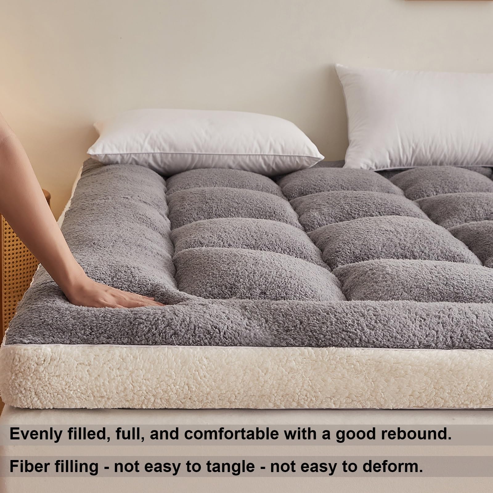 NEPHRA Futon 2 Places et Futon 1 Place, Japonais Souple, Matelas Pliable, Épaisseur 5 cm, en Polyester et Peluche Polaire pour Lits, Canapés, Camping(Gray,90 x 200 cm)