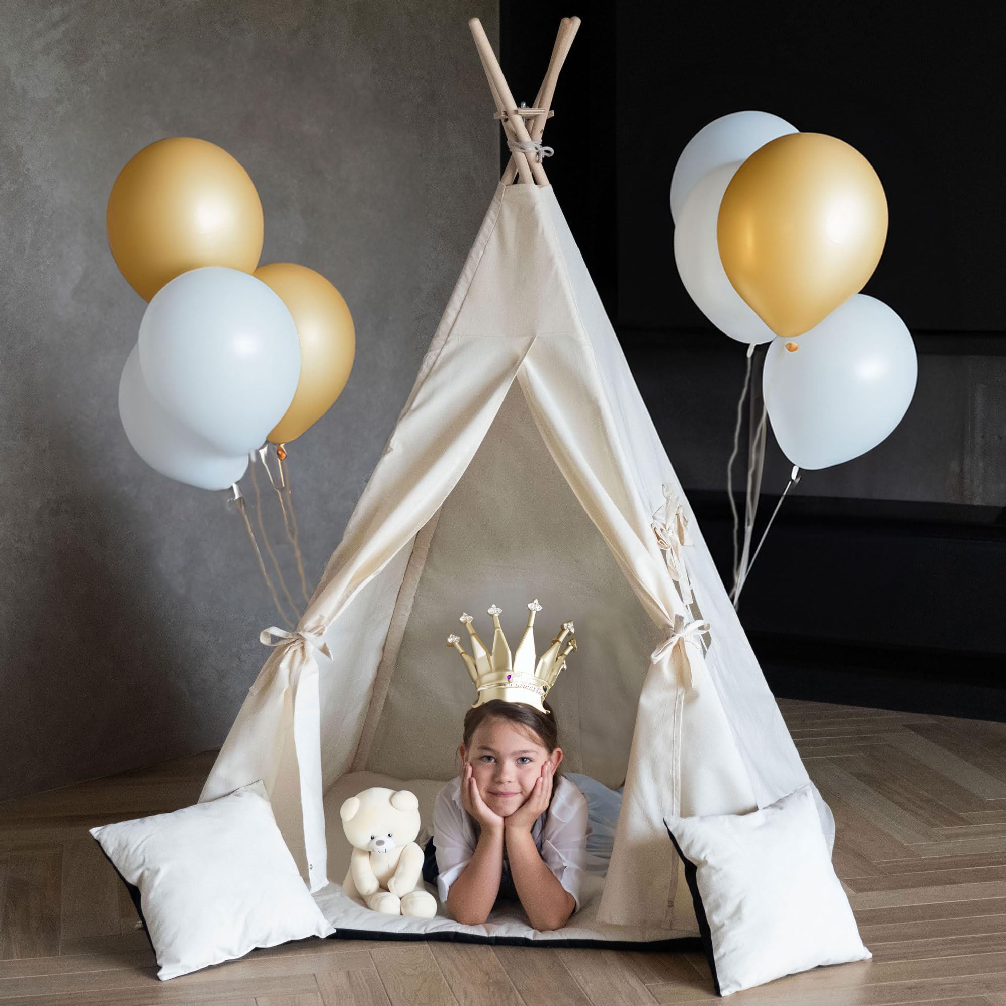 PaLulli® Tente tipi pour enfant en 100 % coton avec tapis douillet, système anti-collaps, stable, lampe suspendue de camping et 2 coussins décoratifs, tente de jeu Tippi, tente de jeu, beige