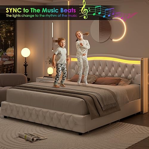 Miniatura 4 de HIFIT Base de cama con plataforma LED inteligente con 4 cajones de almacenamiento, con botones de cristal y cabecera de ala con ribete dorado