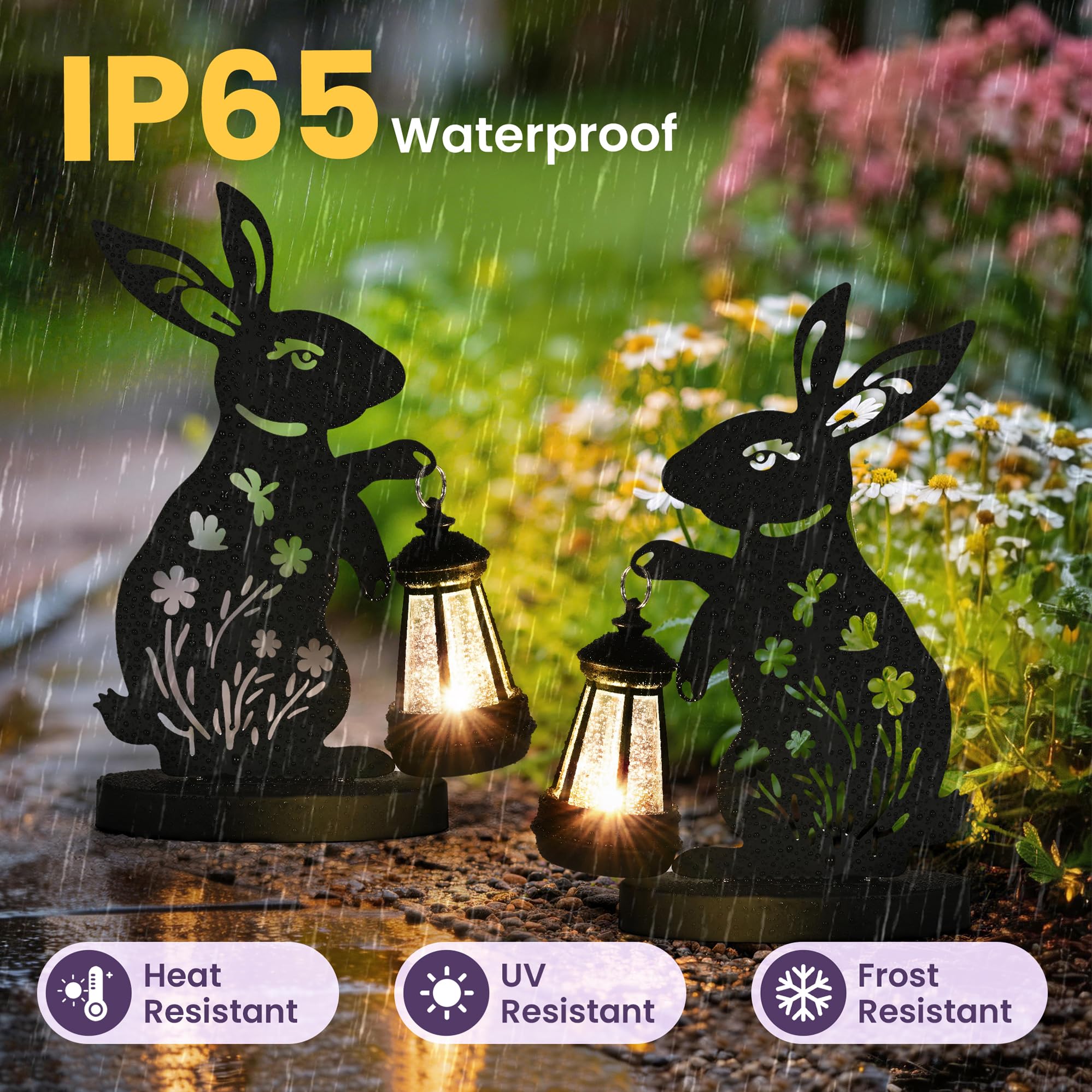 GIGALUMI Iron Rabbit Statue Garden Ornaments Outdoor with Solar Powered Lights,Unique Gifts for Mom,Women,Waterproof Garden Statue Decorations for Patio, Yard(2 Pack) — view 4