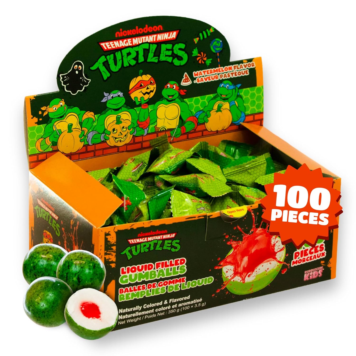 Bubblegum Kids Chicle Watermelon Teenage Mutant Ninja Turtles Spooky Edition Liquid Filled Gumballs, 100 unidades