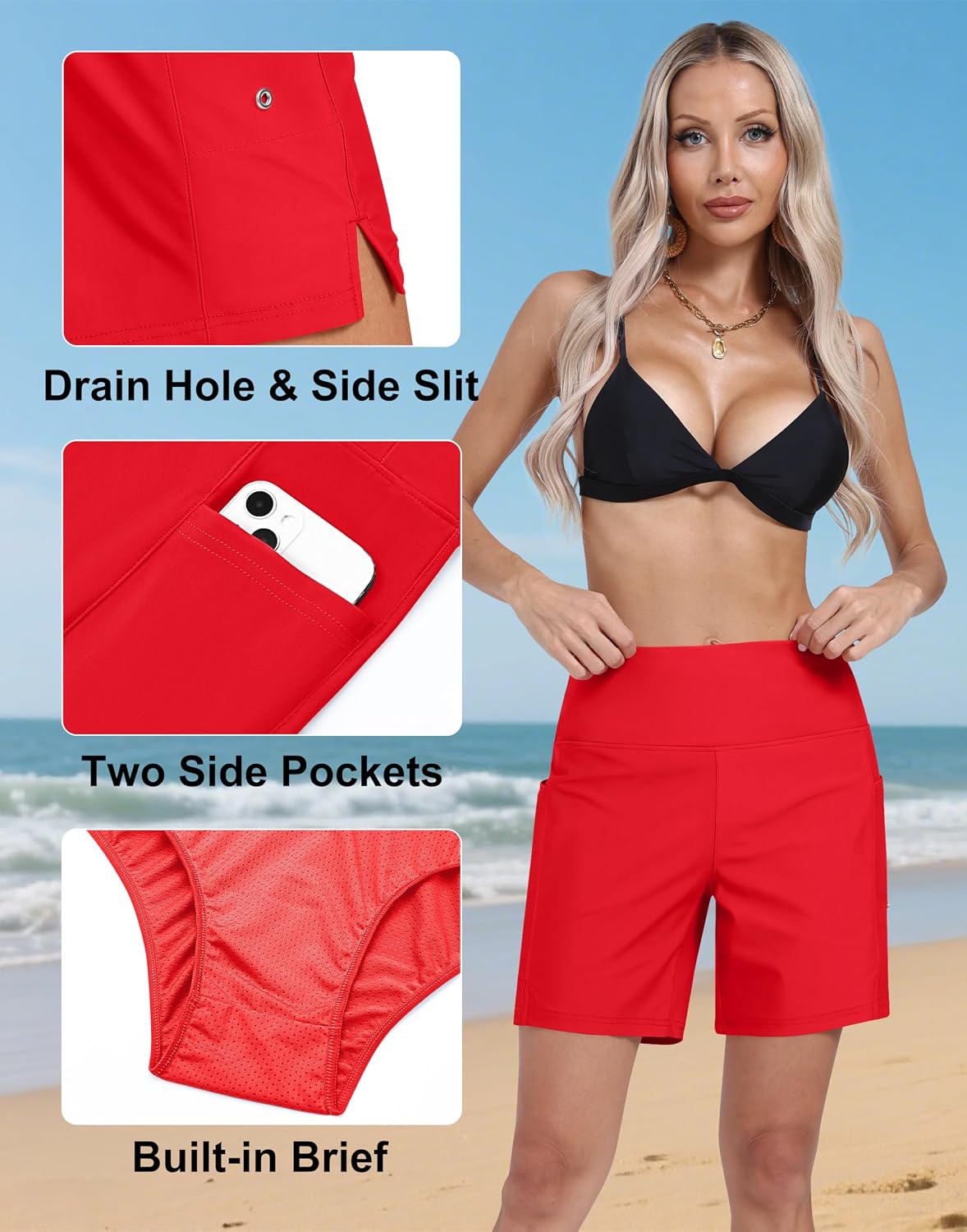 Women's 7" High Waisted Swim Board Shorts Quick Dry Beach Swimsuit Bottom Shorts for Women with Liner Pockets