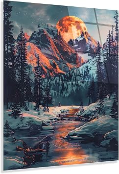 Elyese Winter Mountain Landscape Tempered Glass Wall Art Dramatic Full Moon Scenic Decor, UV Printed Frameless Glass Panel, Nature Artwork for Living Room, Bedroom & Modern Home Interiors
