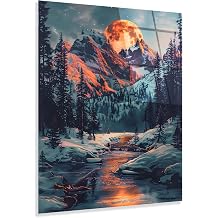 Elyese Winter Mountain Landscape Tempered Glass Wall Art Dramatic Full Moon Scenic Decor, UV Printed Frameless Glass Panel, Nature Artwork for Living Room, Bedroom & Modern Home Interiors
