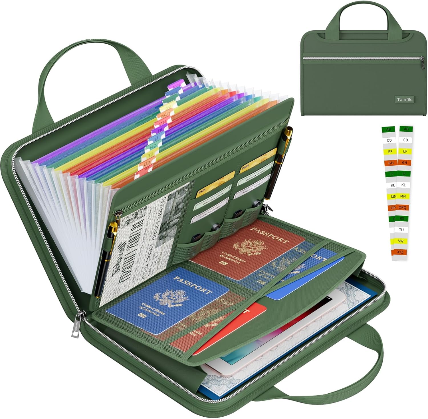 Tamfile Fireproof Accordion File Organizer with Handle, 13 Pocket Transparent Expanding File Folder (Green with Handle, 14.3" x 9.8" (Colour Pocket))