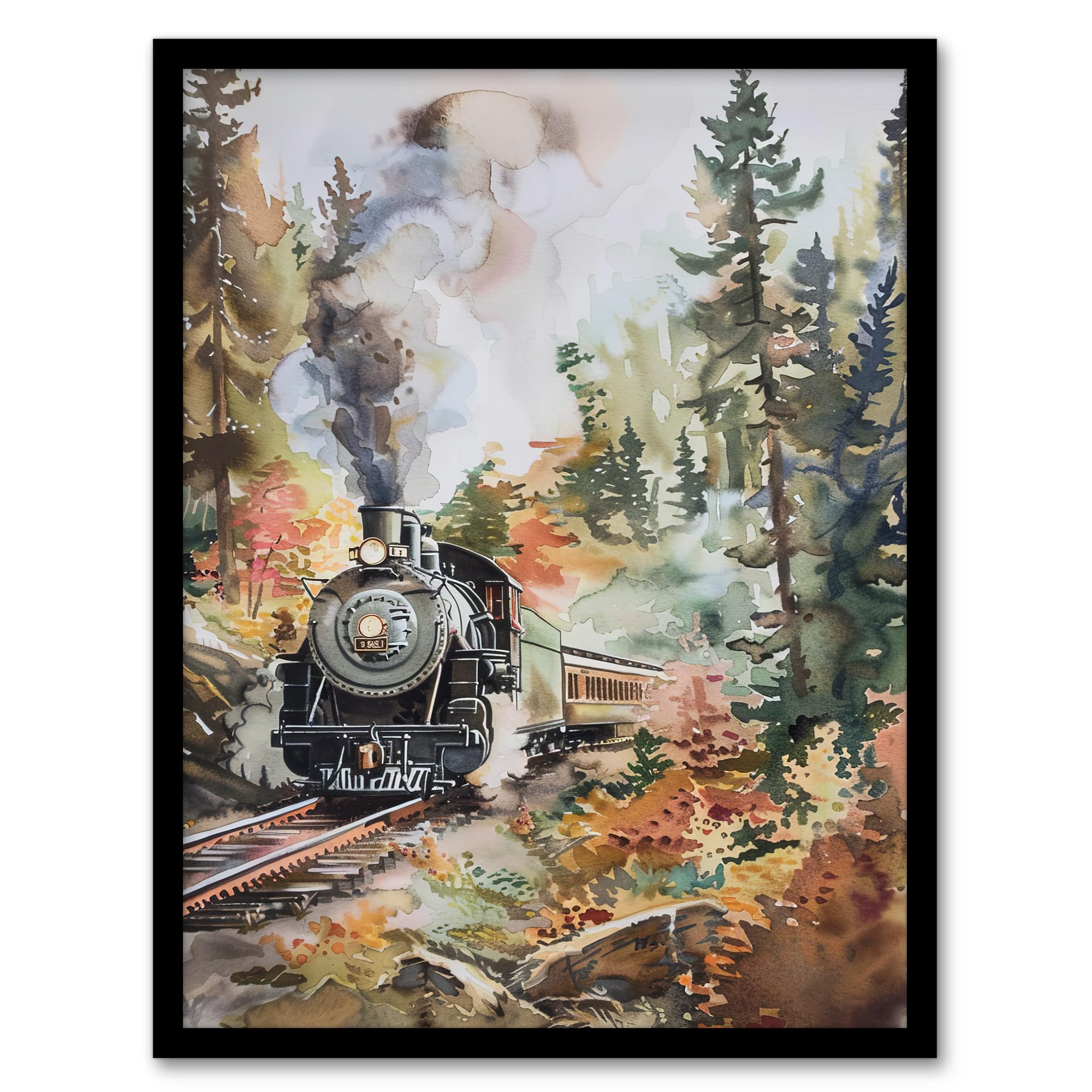 Artery8 Locomotive Train on Autumn Forest Railway Track Living Room Artwork Framed Wall Art Print 18X24 Inch