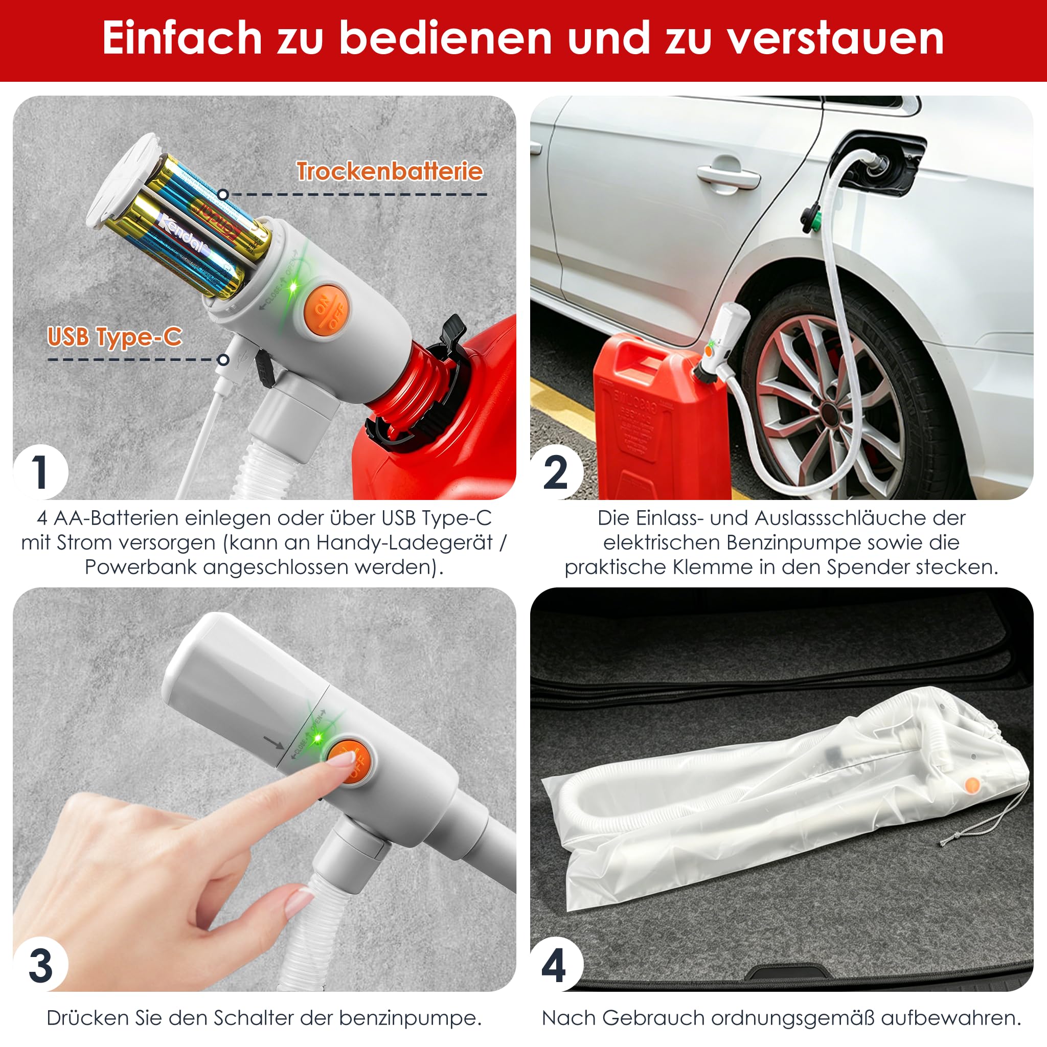 FIVAVA Elektryczna pompa benzynowa, 3,2 GPM, szybka pompa transferowa, podwójne zasilanie USB-C i 4AA, teleskopowa rura ssąca 30-43 cm, pompa kanistra do oleju napędowego z automatycznym wyłączaniem