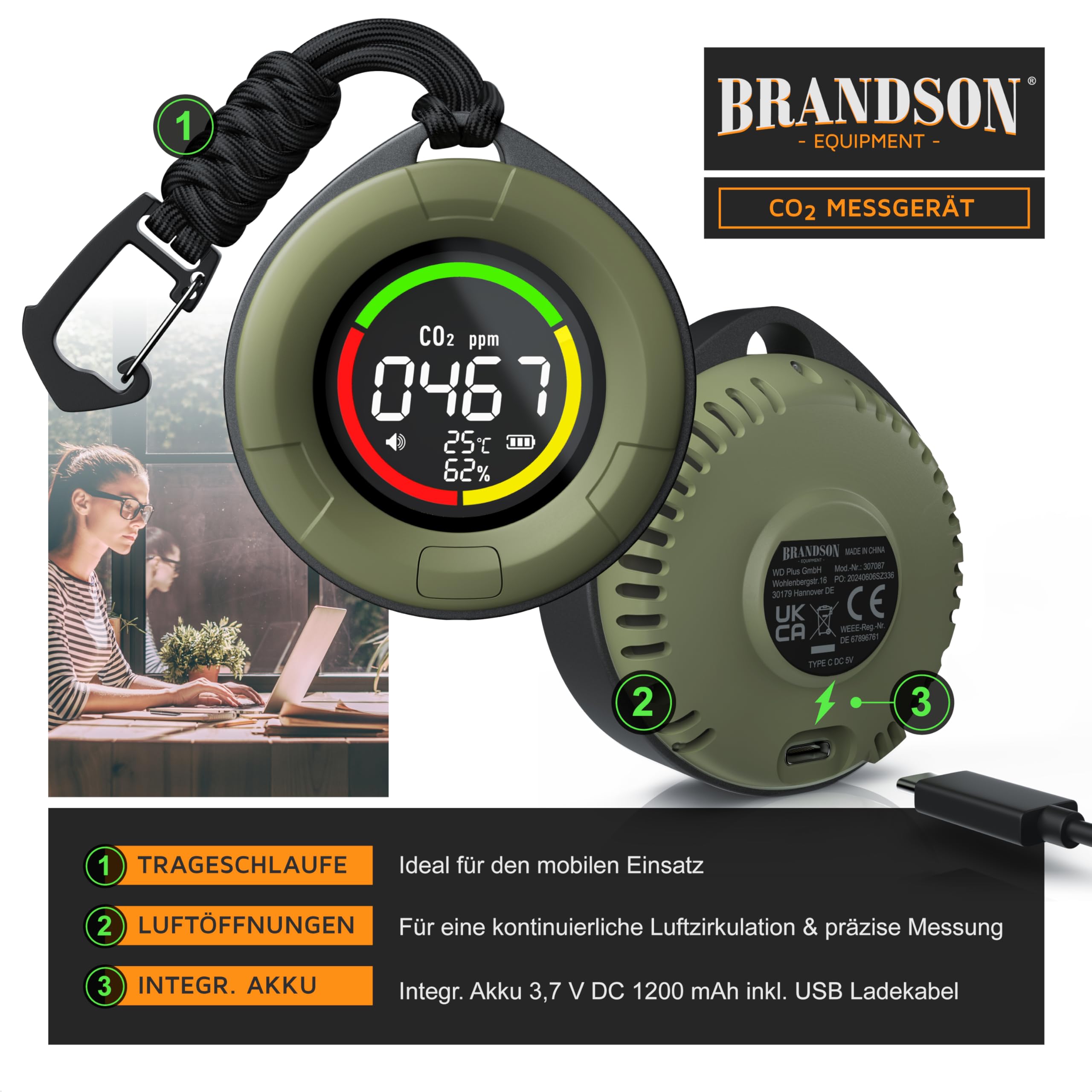 Brandson CO2 Melder Messgerät tragbar Luftqualitätsprüfer Kohlendioxidmessung PPM 1200 mAh Akku CO2 Alarm Temperaturanzeige Luftfeuchtigkeit