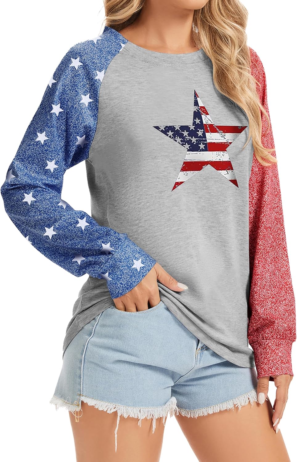 TSMNZMU Womens Star Print Colorblock Shirt Long Sleeve American Flag 4th of July Pullvoer Blouse Tops