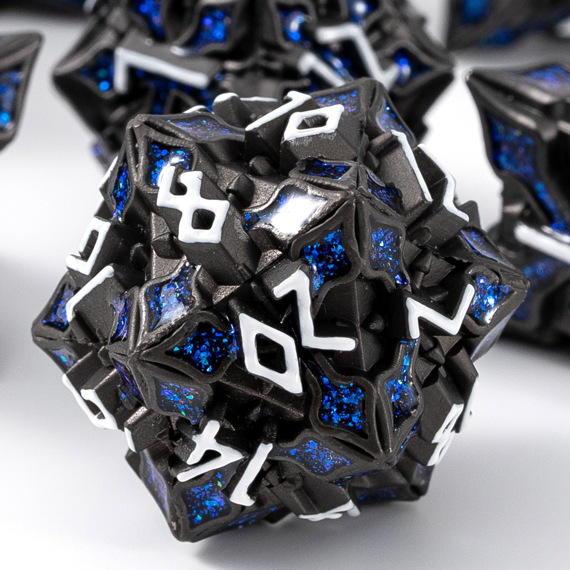 Metal Dice for DND - Spire Sanctum Series (Black Matte Blue Glitter)