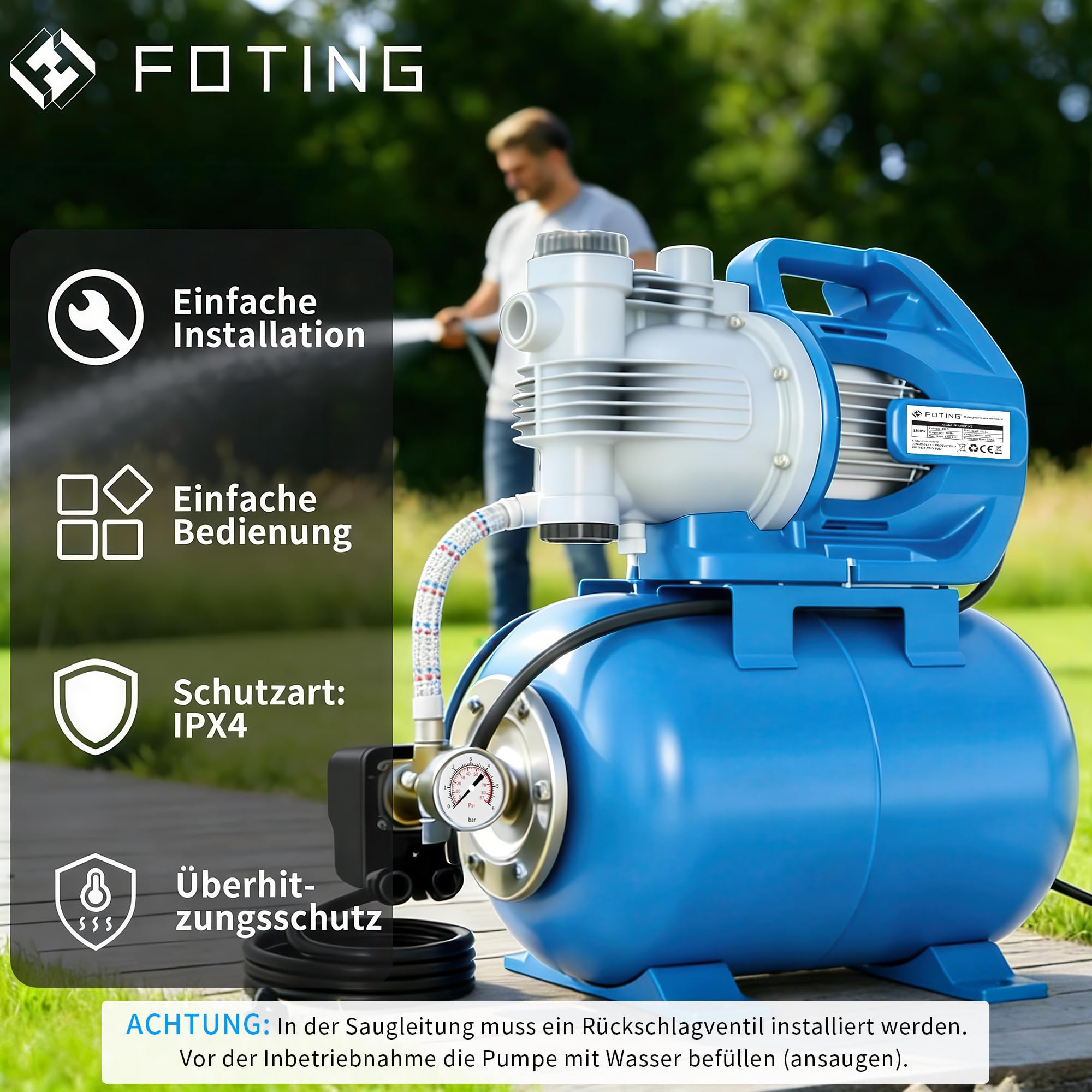 FOTING Grupo de presión - Equipo con depósito 24 L, manómetro y prefiltro, Interruptor de Seguridad (1300 W, caudal 6500 l/h, presión 5,3 Bar, Altura máx. 55 m, aspiración 8 m)
