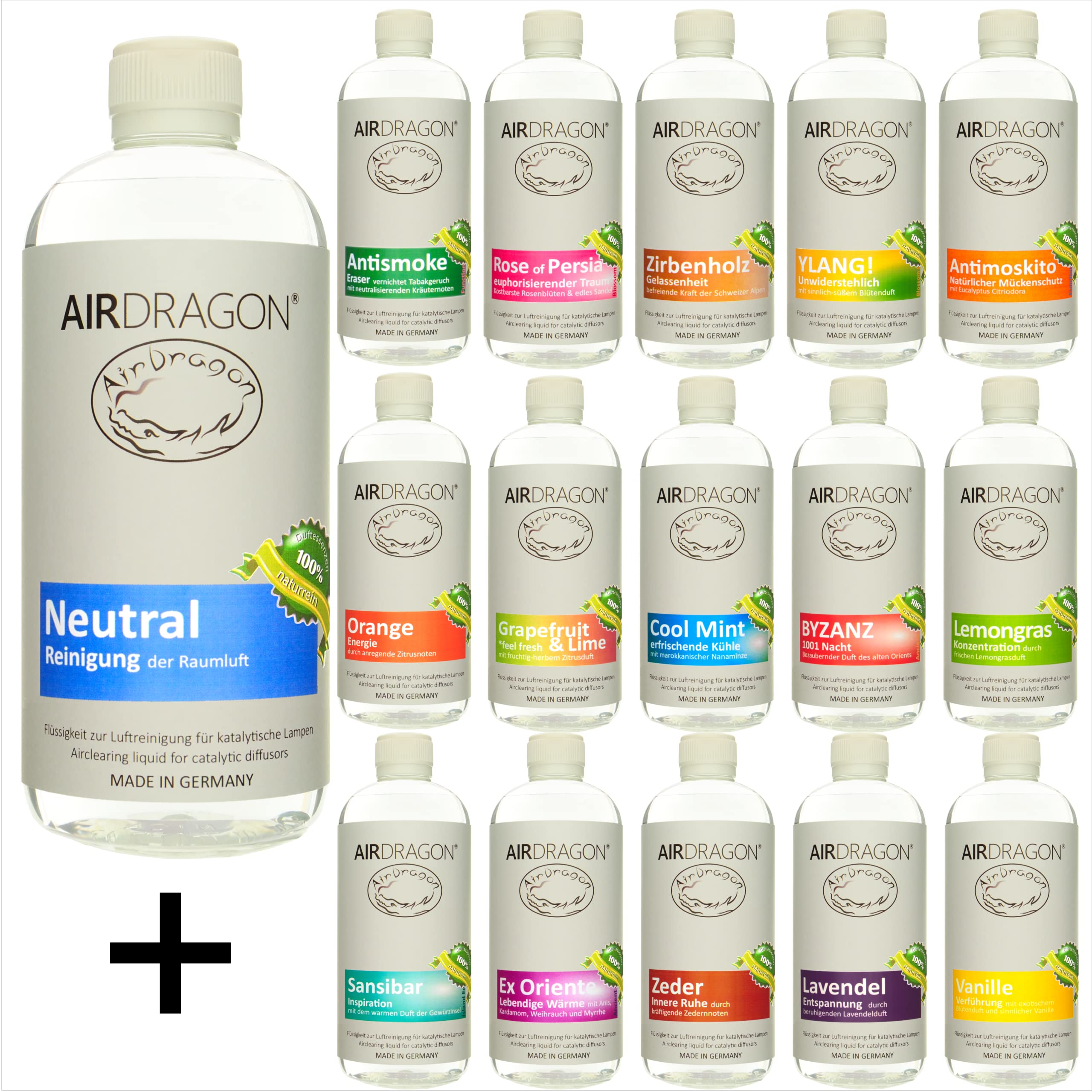 AIRDRAGON® Duft-Set • NEUTRAL + GRAPEFRUIT & LIME • 2 x 1 Liter • Für jede katalytische Lampe • OHNE künstliche Duftstoffe • Premium Natur Raum-Duft