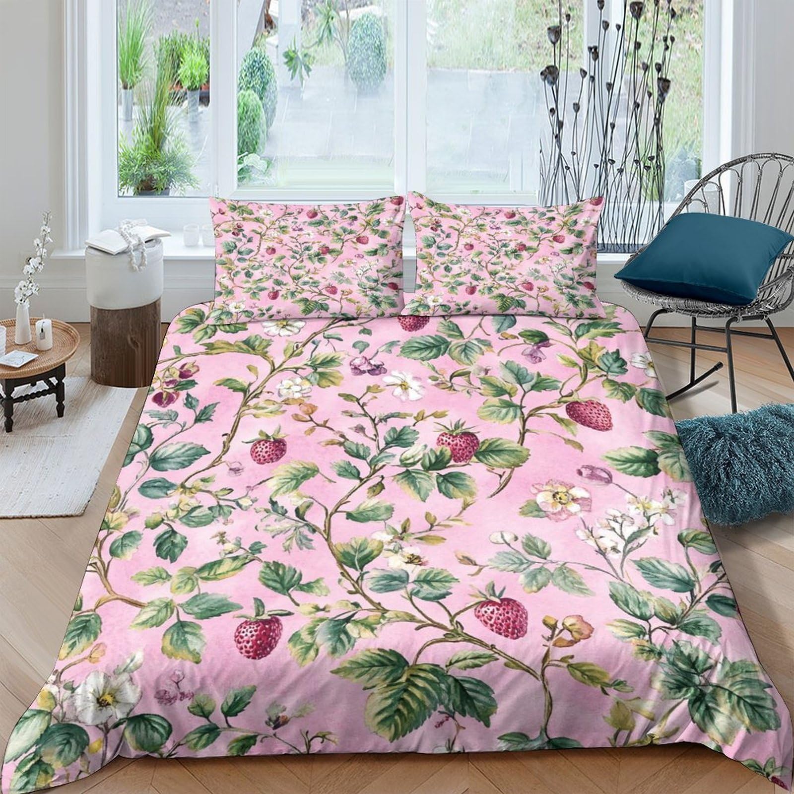 Ctjqhvkz Style-7 3D Printed Pink Floral Garden Fitted Sheet Microfiber Soft Bedroom Decor Strawberry Blossom Mattress Cover Single（135X200cm）