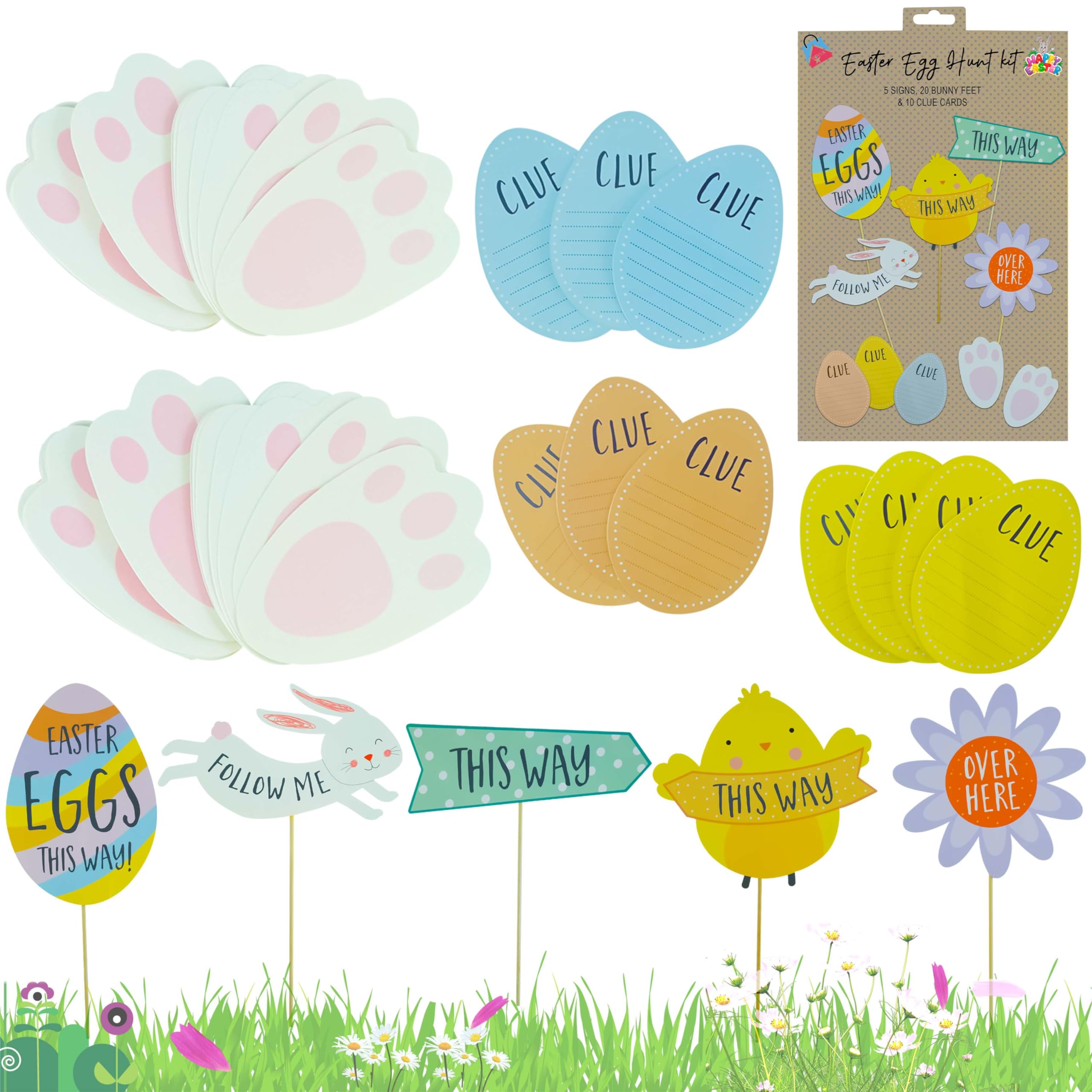 35PCs Easter Egg Hunt Game Signs Kit - Bunny Footprints, Clue Cards and Arrow Signs for Garden, ALL IN ONE, Fun Easter Party Treasure Hunt Trail Markers