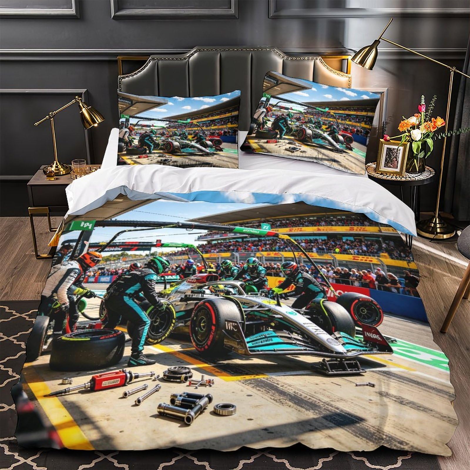 3U6C4M9K Formulaa Racing Duvet Cover With Hidden Zipper, King（220x240cm） Pit Stop Quilt Cover with Pillowcases, Soft Microfiber Comforter Cover for Boys Girls