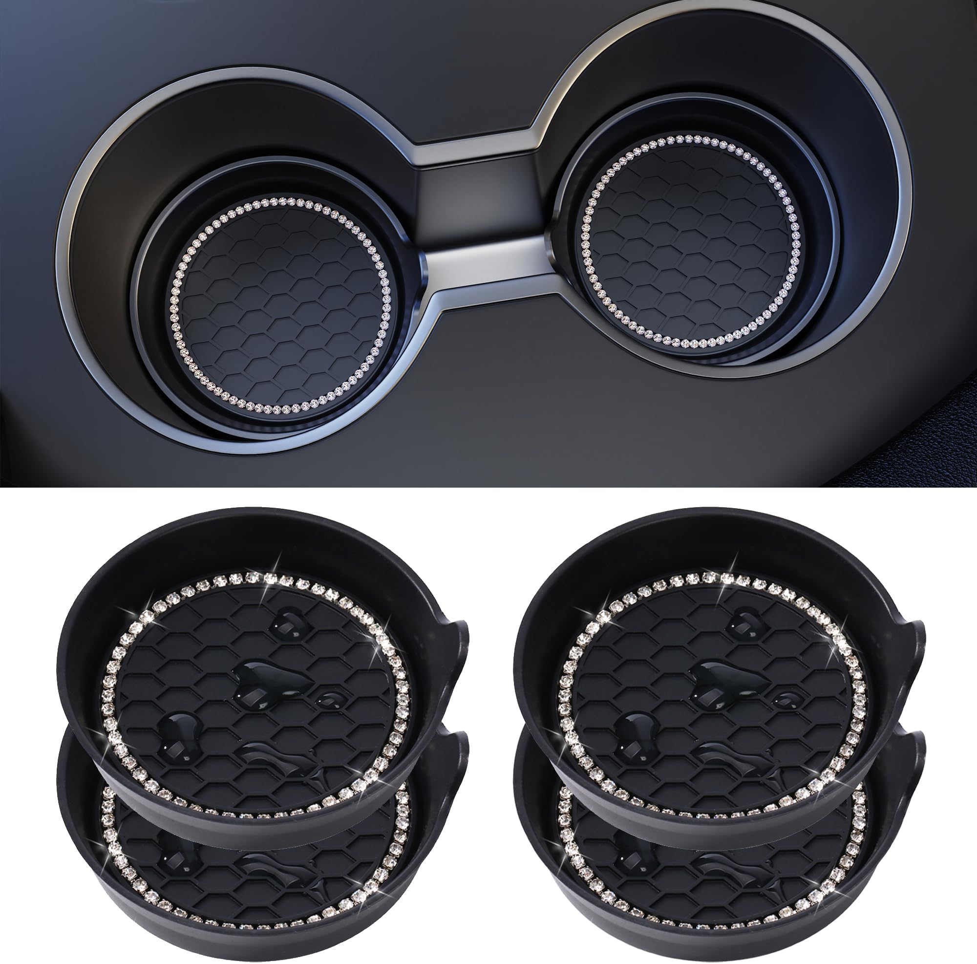 Amooca Car Cup Coaster Universal Non-Slip Cup Holders Bling Crystal Rhinestone Car Interior Accessories 4 Pack Black