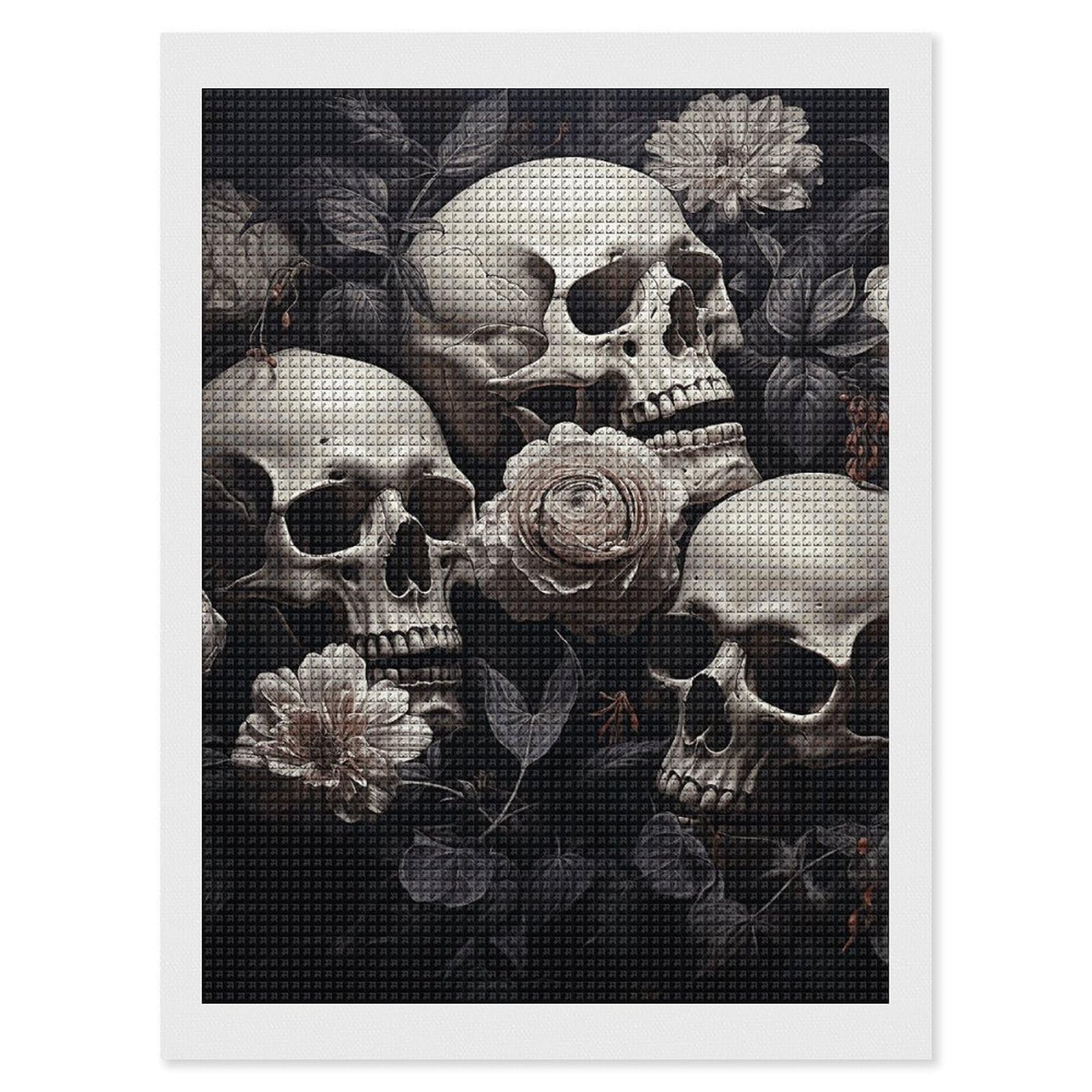 Black And White Flowers And Skull Diamond Art Kits for Adults, DIY 5D Diamonds Painting Kits for Beginner, Round Full Drill Diamond Dots Painting, 12"x16" Diamonds Pictures Gem Art And Crafts Wall Dec