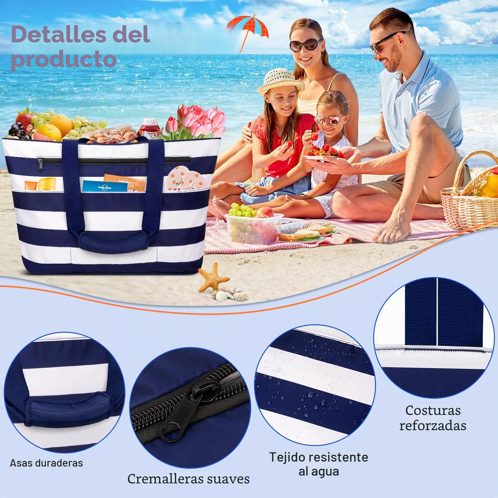 Bolsa de Playa Grande XXL con Cremallera Bolso Playa Familiar 50L Impermeable Bolso de Viaje Mujer Plegable Beach Tote Bag con 14 Bolsillos Shopper para Piscina Picnic Gimnasio (Azul Rayas)