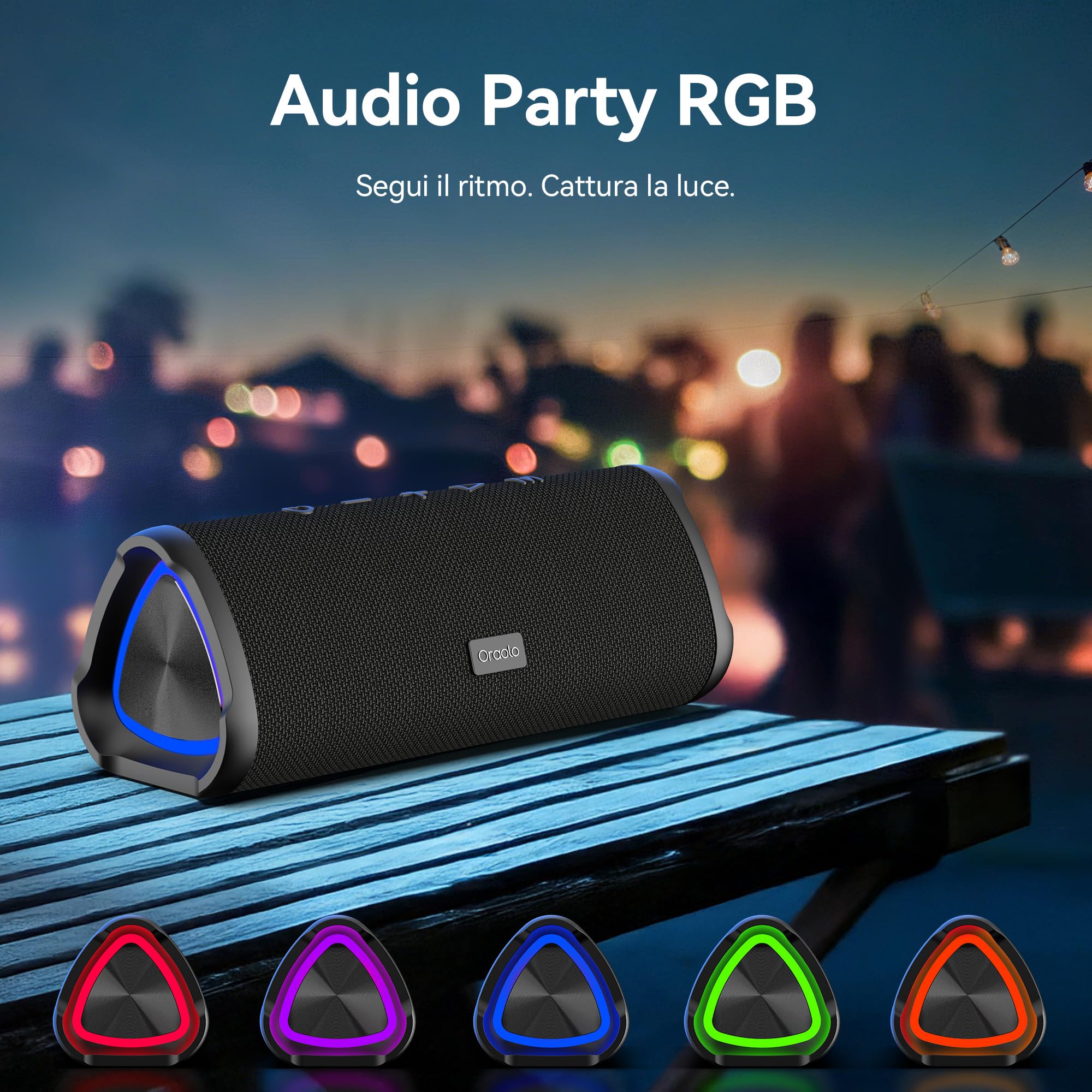 oraolo Cassa Bluetooth, Altoparlante Portatile Wireless con Suono Stereo Cassa Bluetooth Potente da 20W, Luci RGB, Bluetooth 6.0, Supporto AUX/TF Card, Impermeabile IPX6 per Esterno, Adatto per Feste