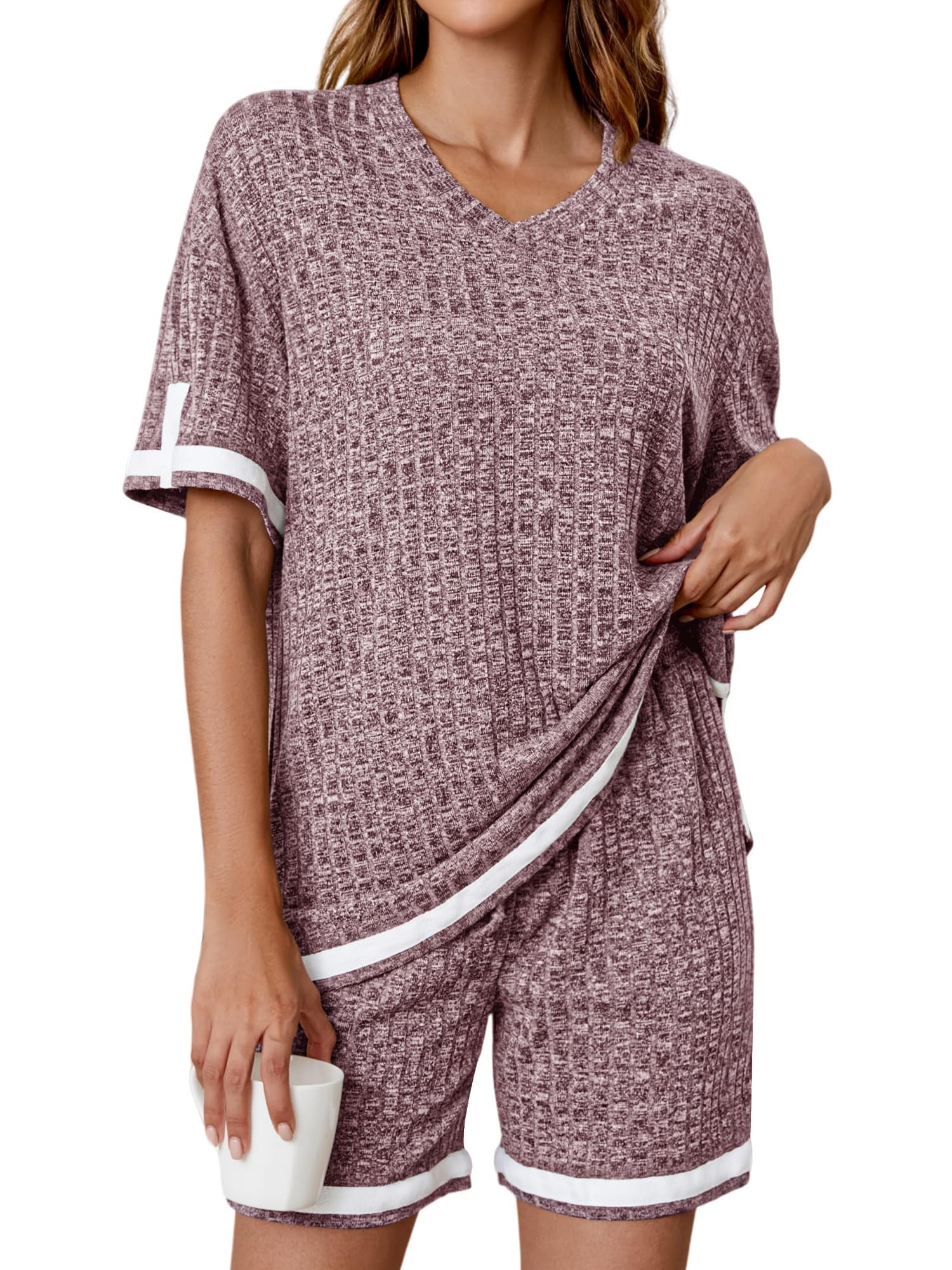 Anbech Womens Pajamas 2 Piece Ribbed Sleepwear Outfits Short Sleeve Matching Lounge Set
