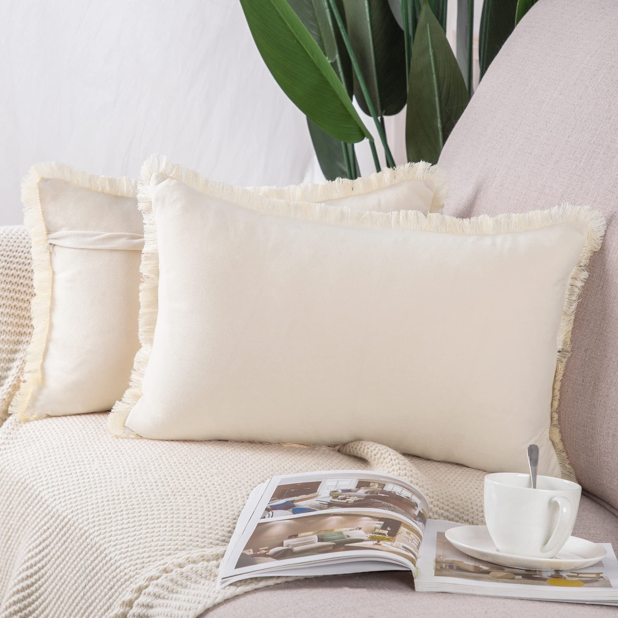 Madizz Juego de 2 Suave Ante Decorativo Funda de cojíns Lujo Estilo Fundas de Almohada para el sofá Dormitorio Beige Rectangular 30 x 50 cm