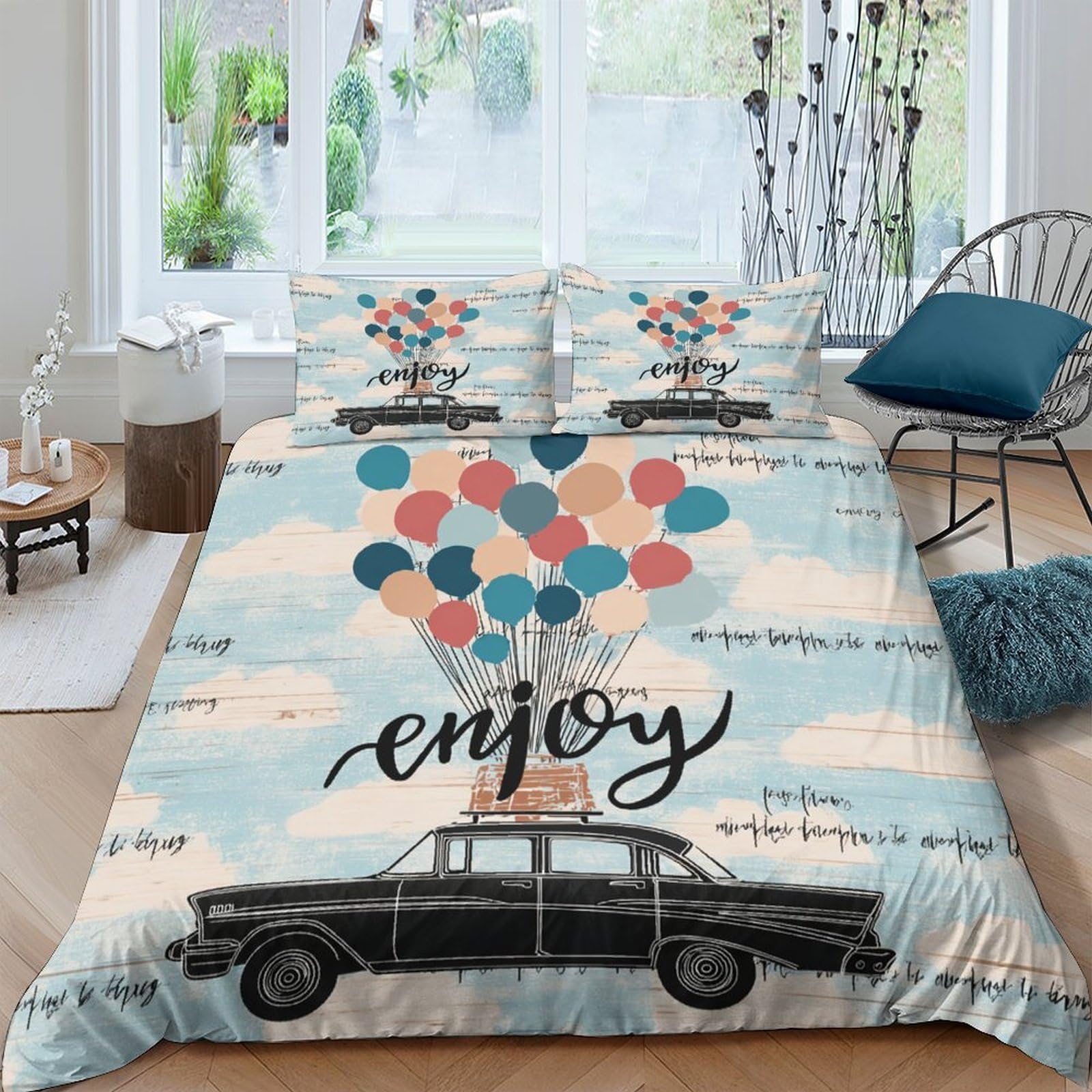 Ctjqhvkz Style-2 3D Printed Vintage Car Balloon Fitted Sheet Microfiber Soft Breathable Sky Clouds Bed Cover For Bedroom Dorm Decor Single（135X200cm）
